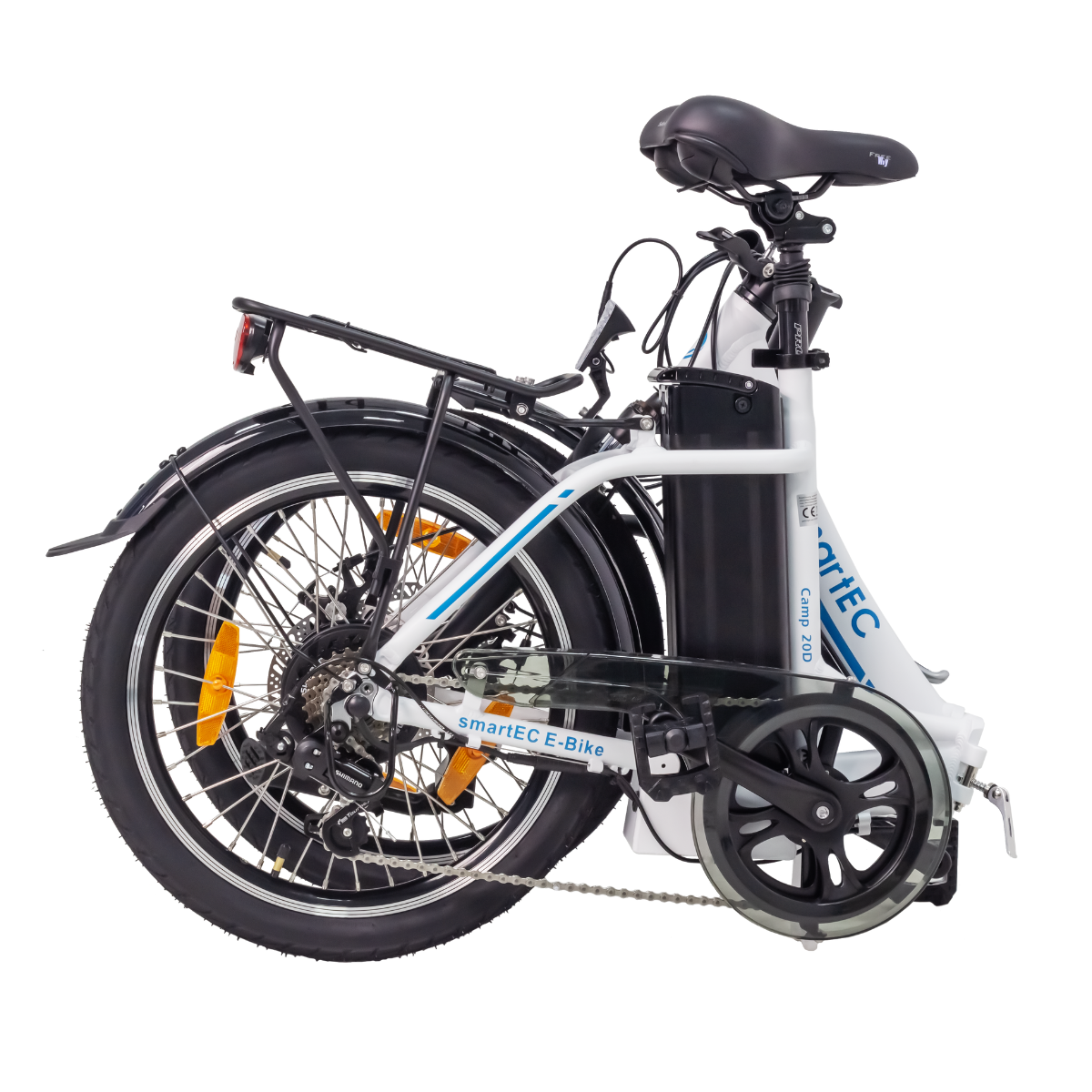 Weißes und blaues SmartEC E-Bike auf weißem Hintergrund. Das Fahrrad ist zusammengeklappt.