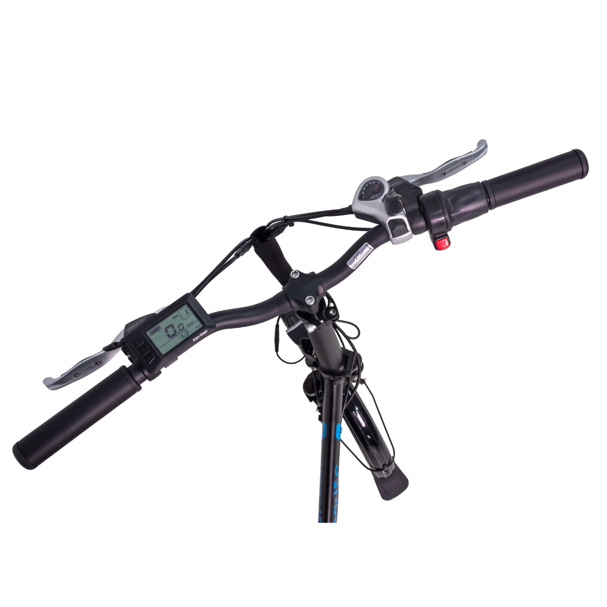 Eine Nahaufnahme des Lenkers eines Rollers mit digitaler Anzeige und Bedienelementen.