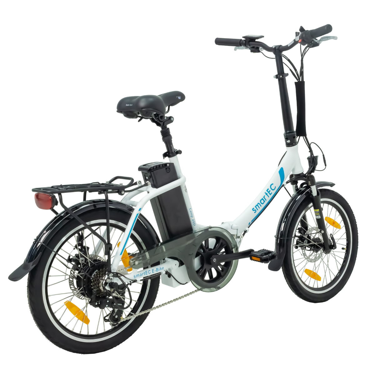 Ein weißes und blaues zusammenklappbares Elektrofahrrad auf weißem Hintergrund.