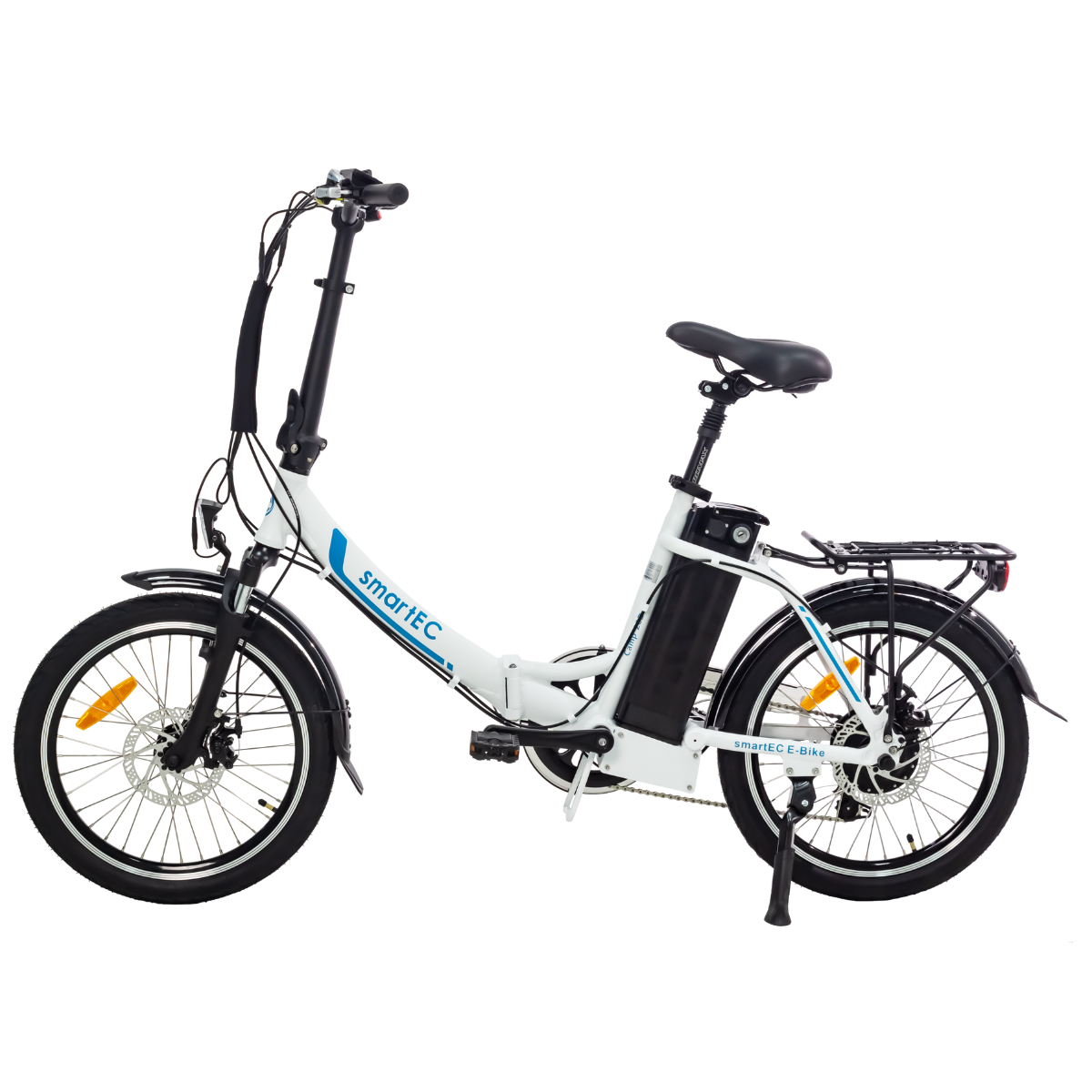 Weißes und schwarzes Klapp-E-Bike. Schwarze Reifen, Sitz und Lenker. Weißer Hintergrund.