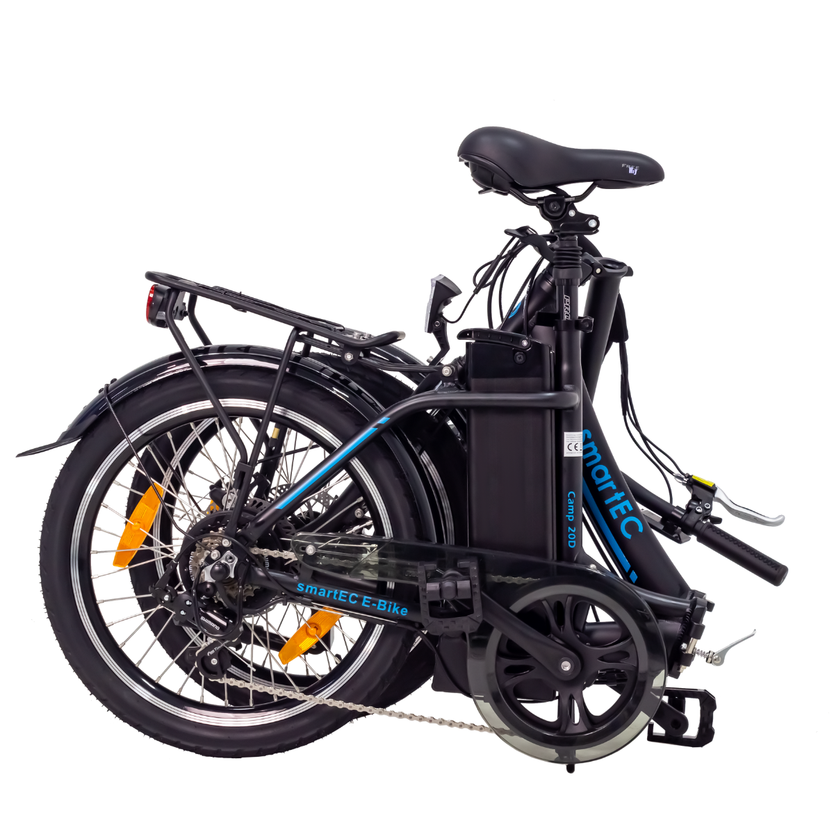 Klappbares Elektrofahrrad, schwarz mit blauen Akzenten, Räder gefaltet.