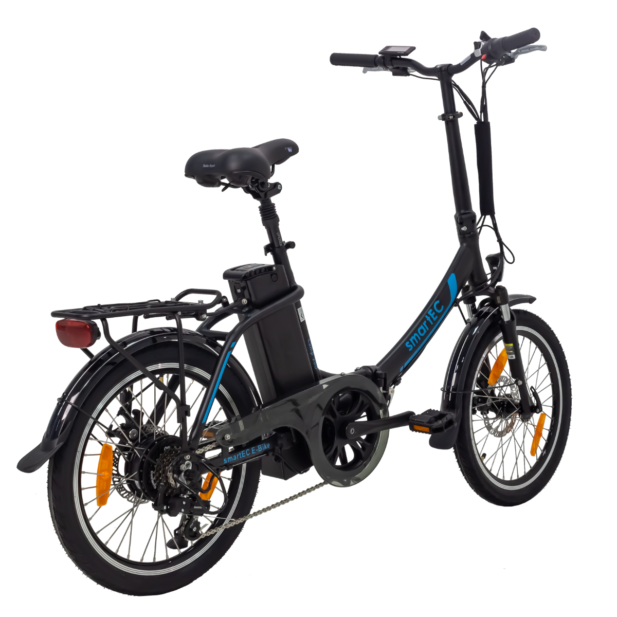 Ein schwarzes und blaues zusammenklappbares Elektrofahrrad auf weißem Hintergrund.