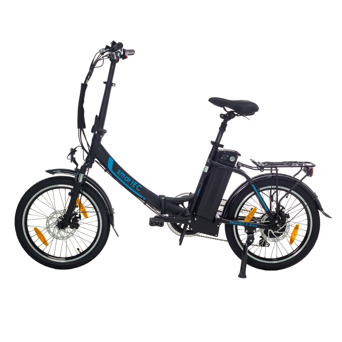 Schwarzes, faltbares Elektrofahrrad mit blauen Akzenten, auf weißem Hintergrund, Details und Abmessungen zeigend.