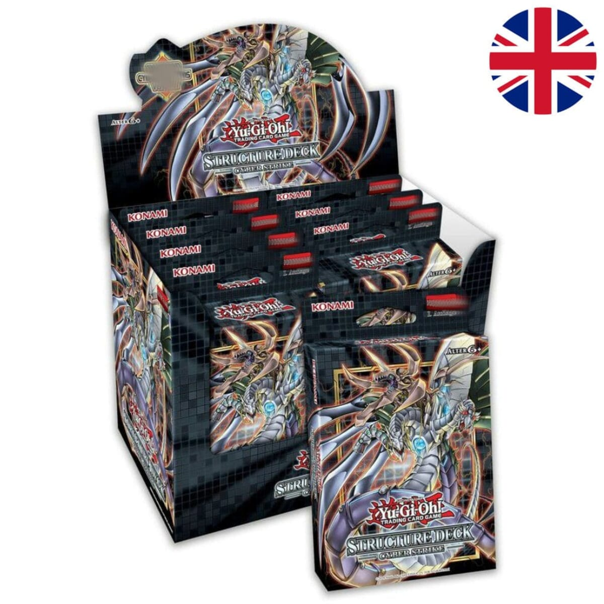 Eine Box mit Yu-Gi-Oh!-Karten mit der britischen Flagge oben drauf.