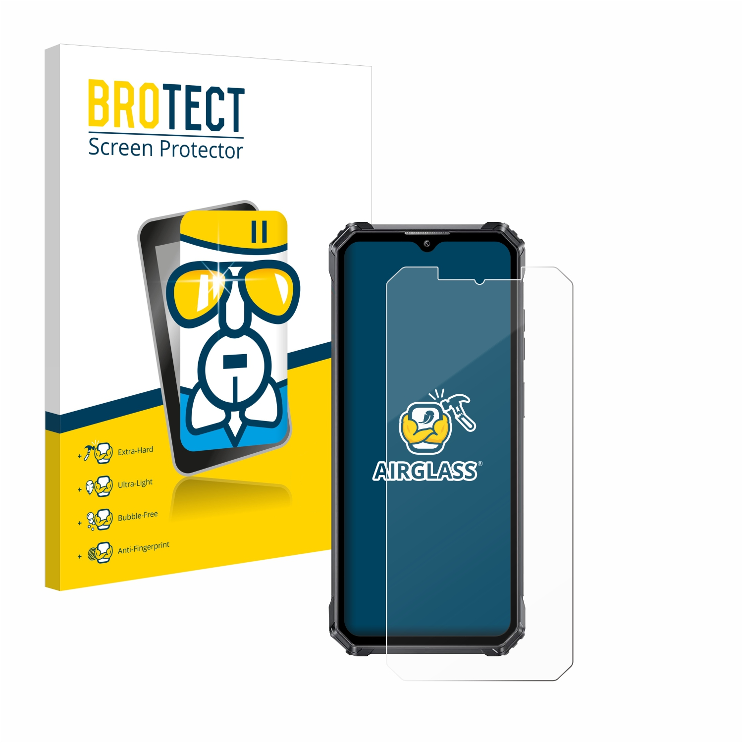 Ein Telefon und ein Displayschutz mit einer Box. Die Box hat einen Cartoon und sagt 'BROTECT Screen Protector'.