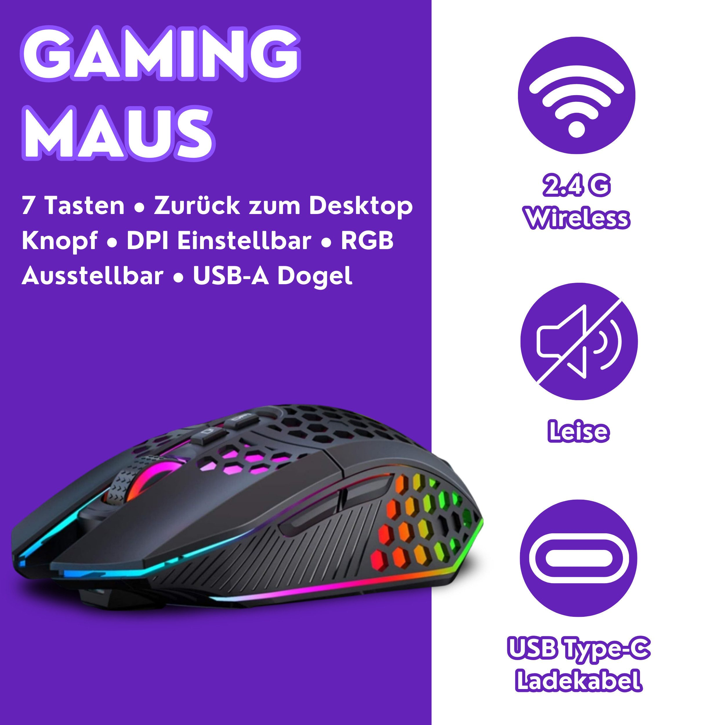 Gaming-Maus mit RGB-Beleuchtung und Symbolen für drahtlos, leise und USB-C-Aufladung.