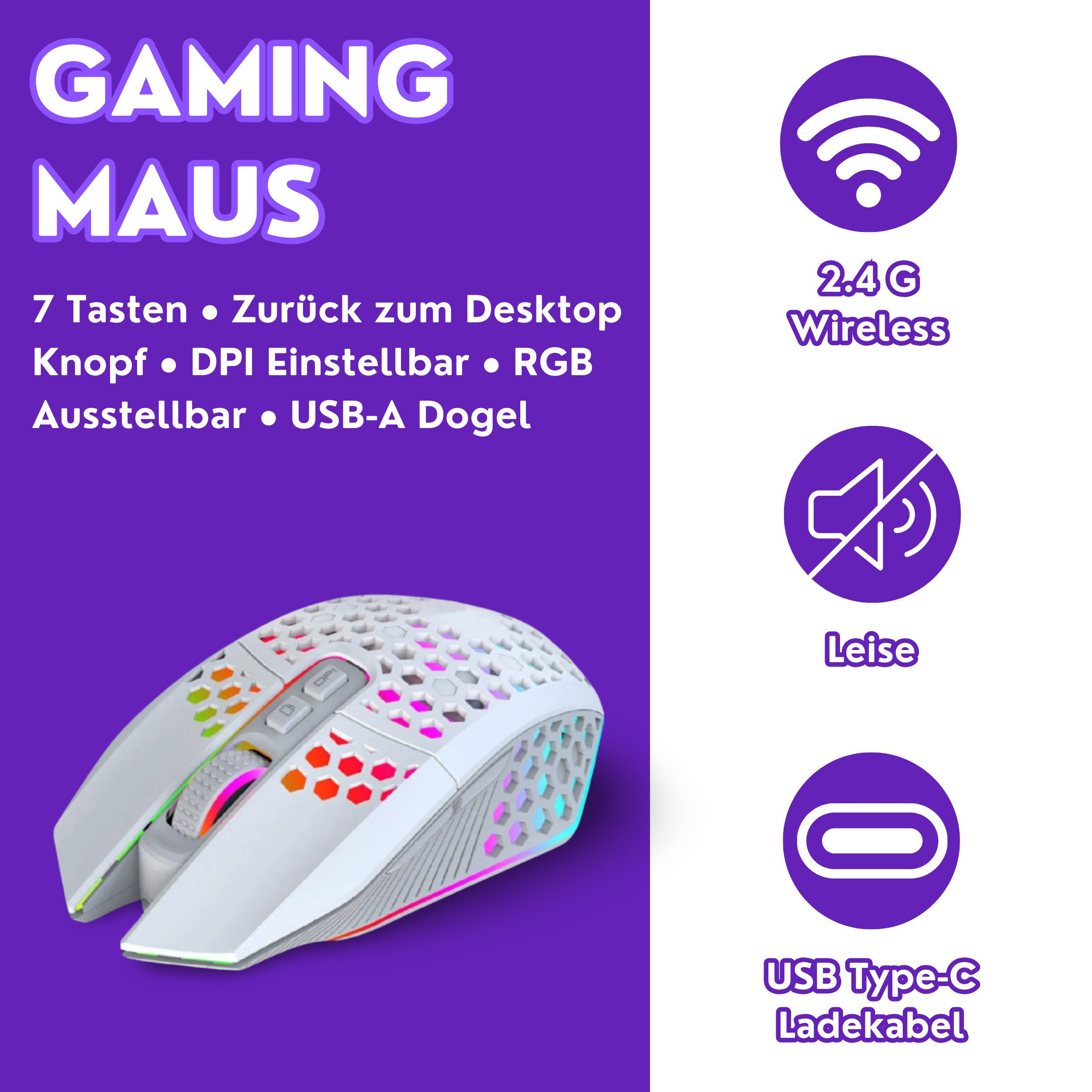 Weiße Gaming-Maus mit RGB-Beleuchtung und Text über Funktionen, auf lila Hintergrund.