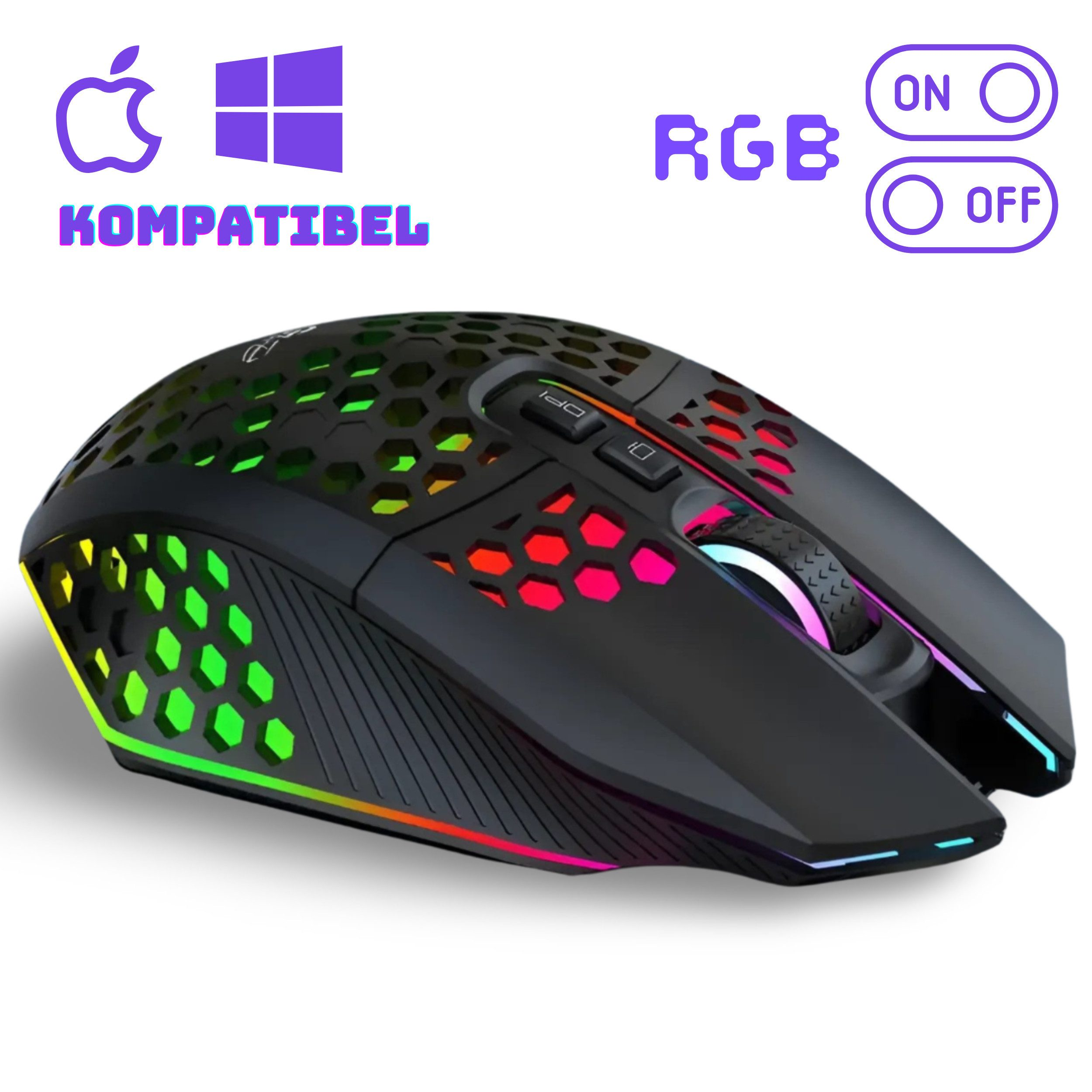 Schwarze RGB-Gaming-Maus, kompatibel mit Apple und Windows. Die Maus hat Ein/Aus-Tasten und RGB-Lichter.