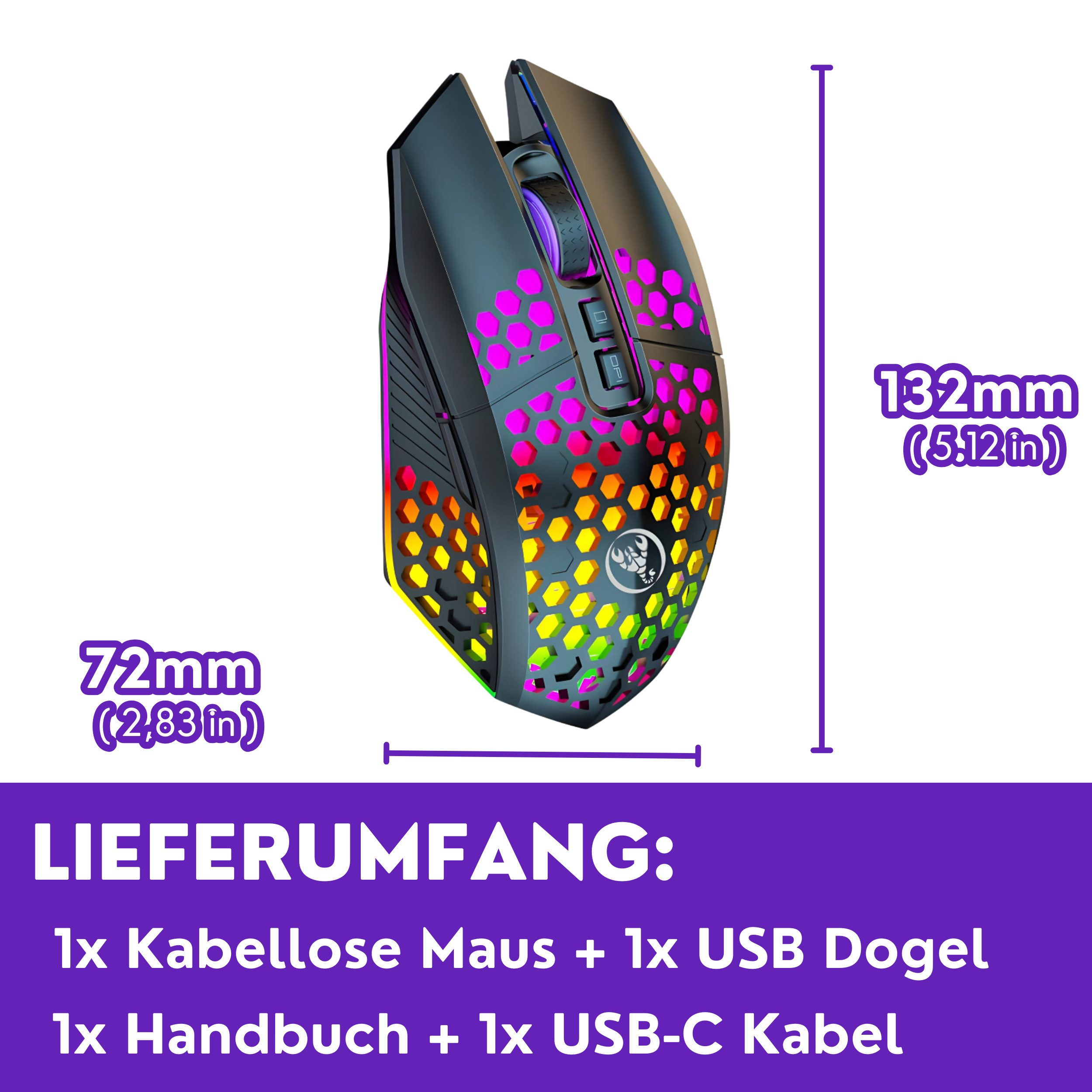 Gaming-Maus mit Abmessungen, darunter 132 mm (5,12 Zoll) und 72 mm (2,83 Zoll).