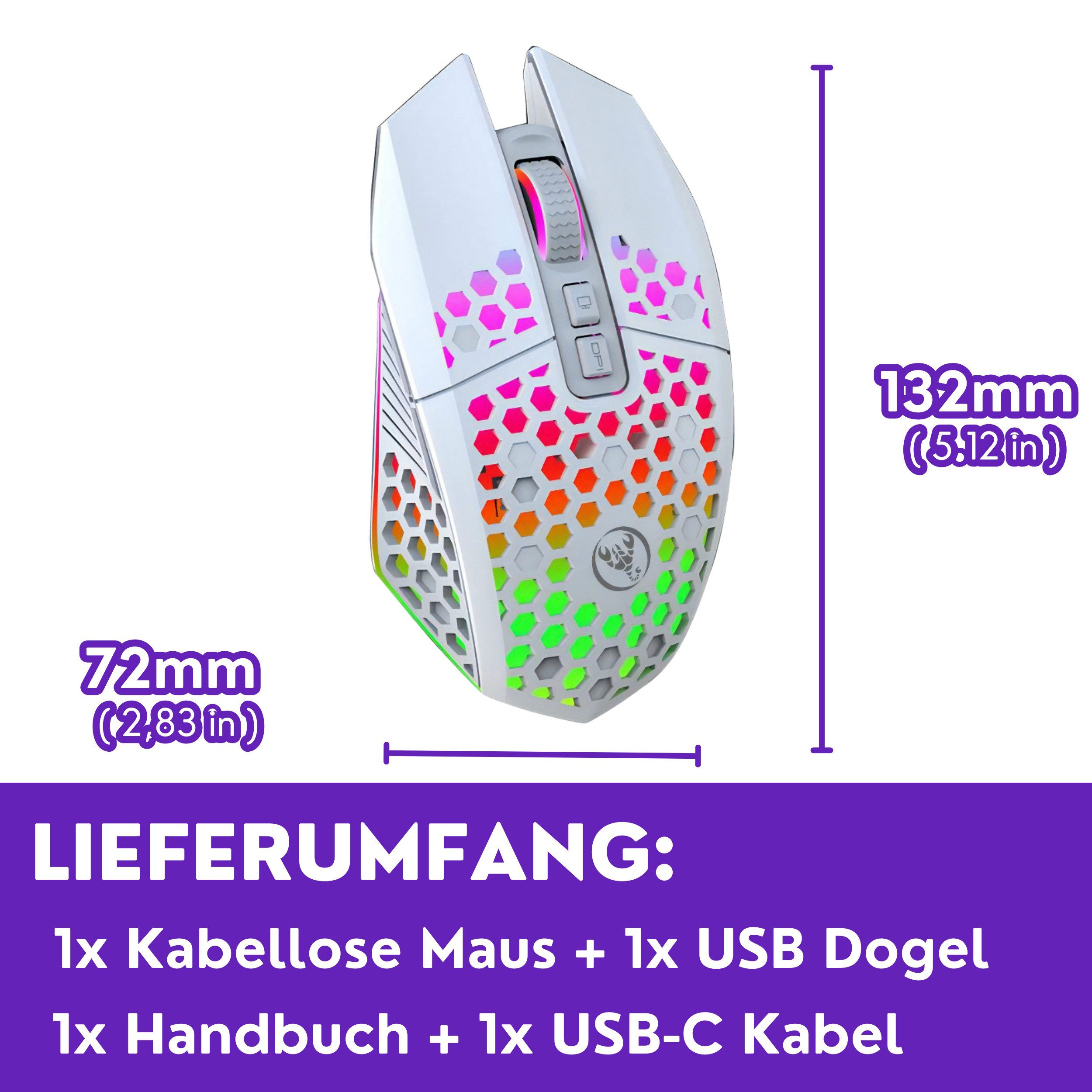 Weiße Gaming-Maus mit Wabenmuster, Abmessungen und mitgeliefertem Zubehör.
