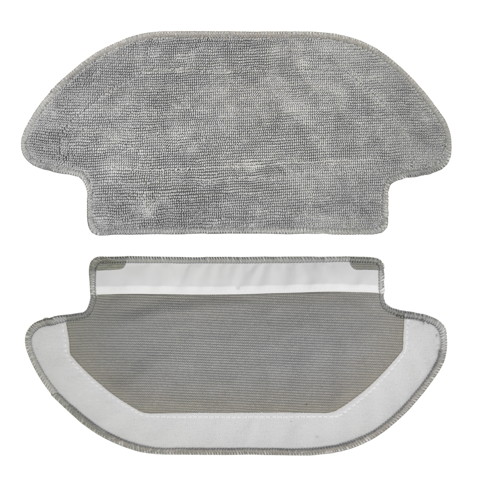 Zwei graue Mikrofaser-Wischpads. Eines ist komplett, das andere die Unterseite.