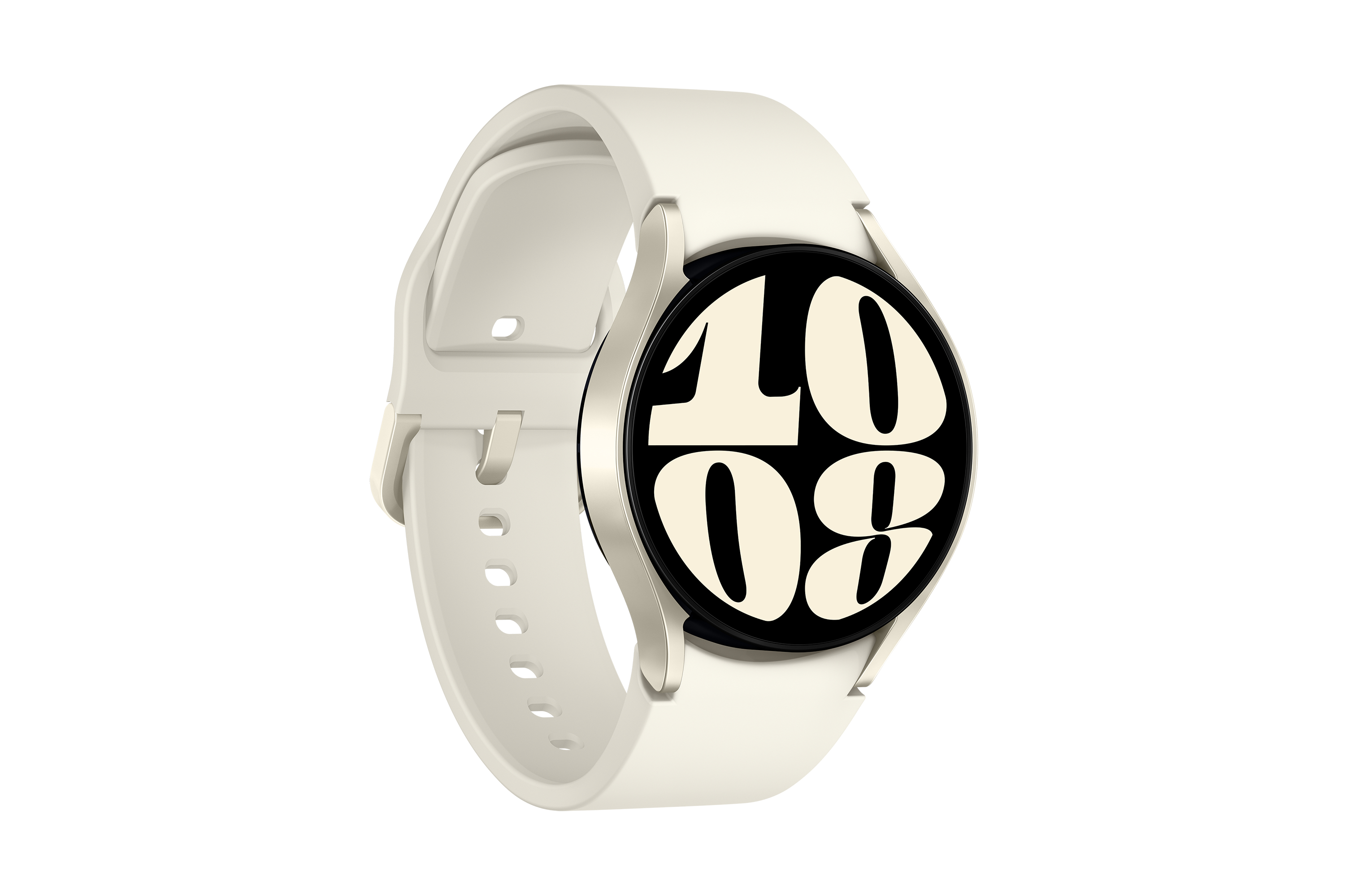 Biały smartwatch z kremową tarczą wyświetlającą godzinę i białym paskiem.