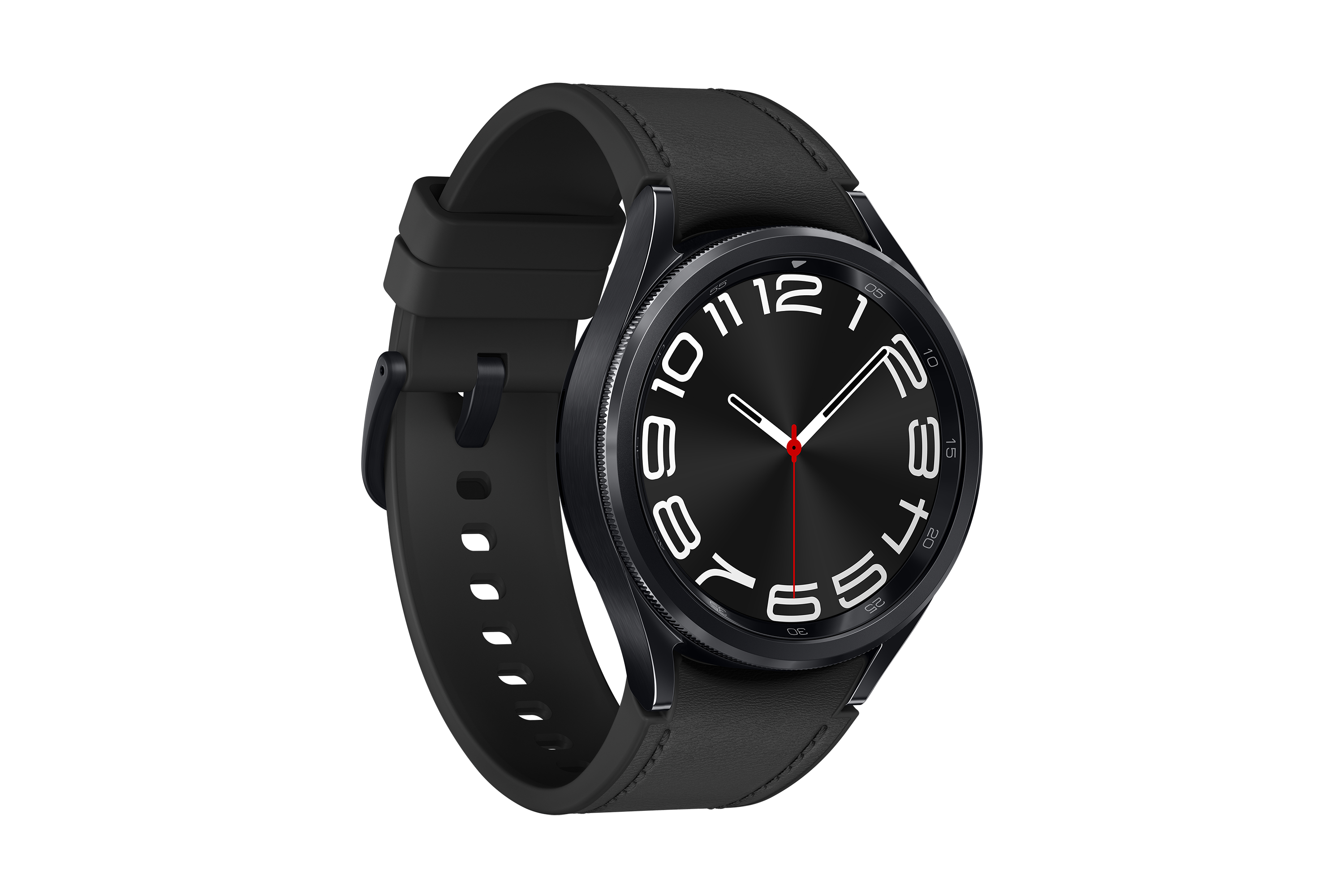 Uno smartwatch nero con quadrante circolare, lunetta nera con numeri bianchi e cinturino in pelle nera.