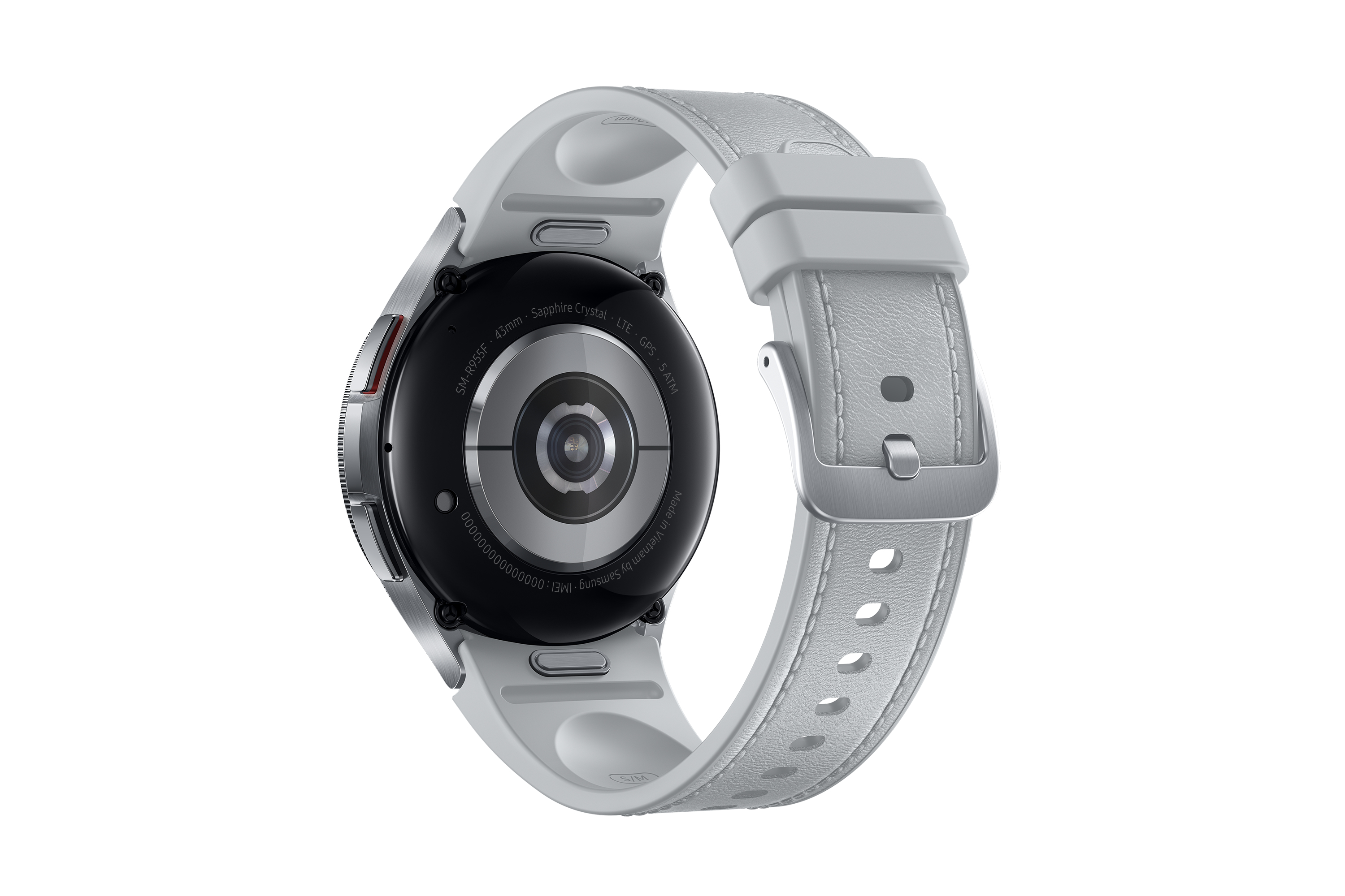 Vista posteriore di uno smartwatch bianco con cinturino grigio chiaro.