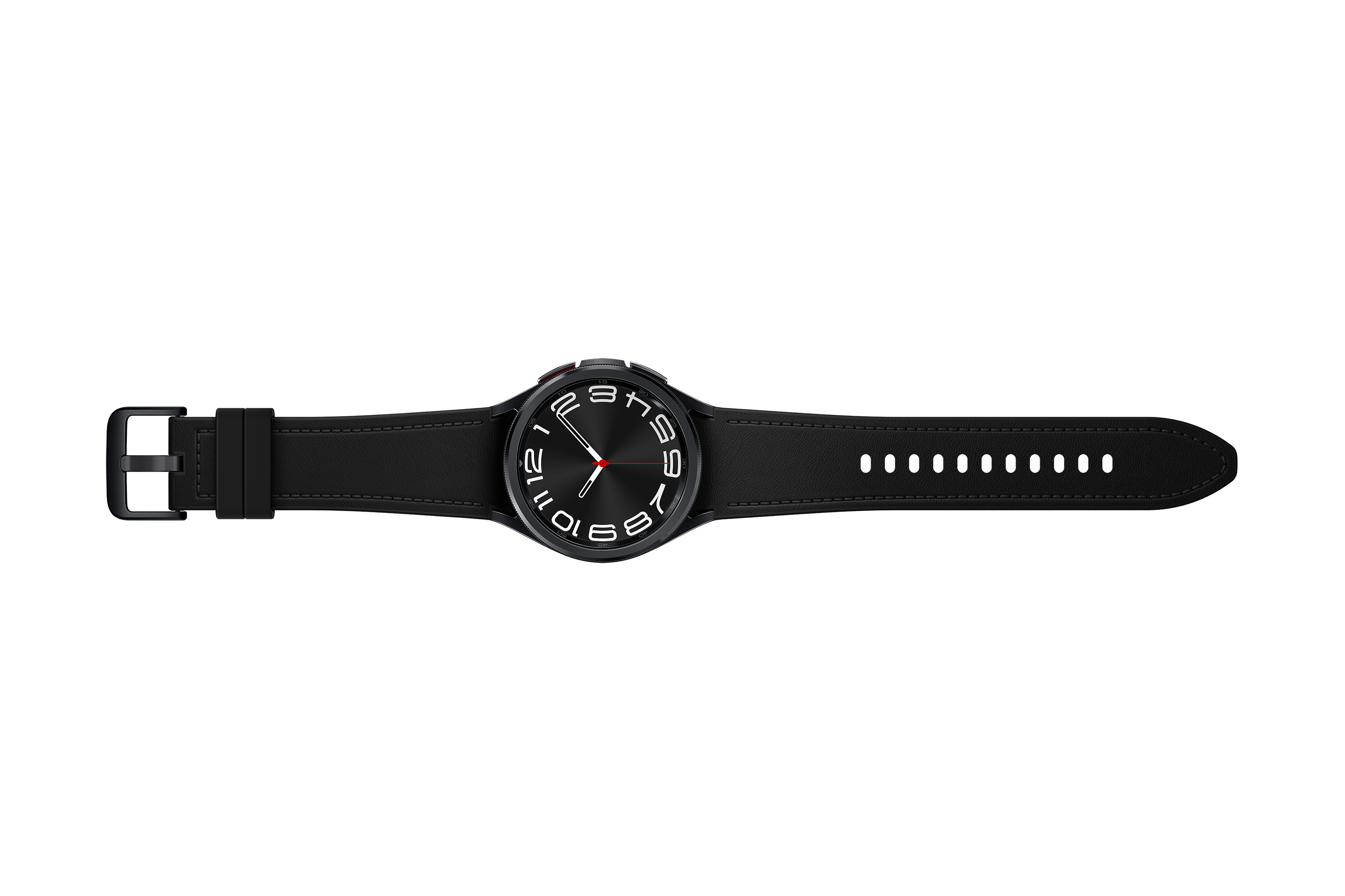 Smartwatch nero con quadrante rotondo e cinturino nero, su sfondo bianco.