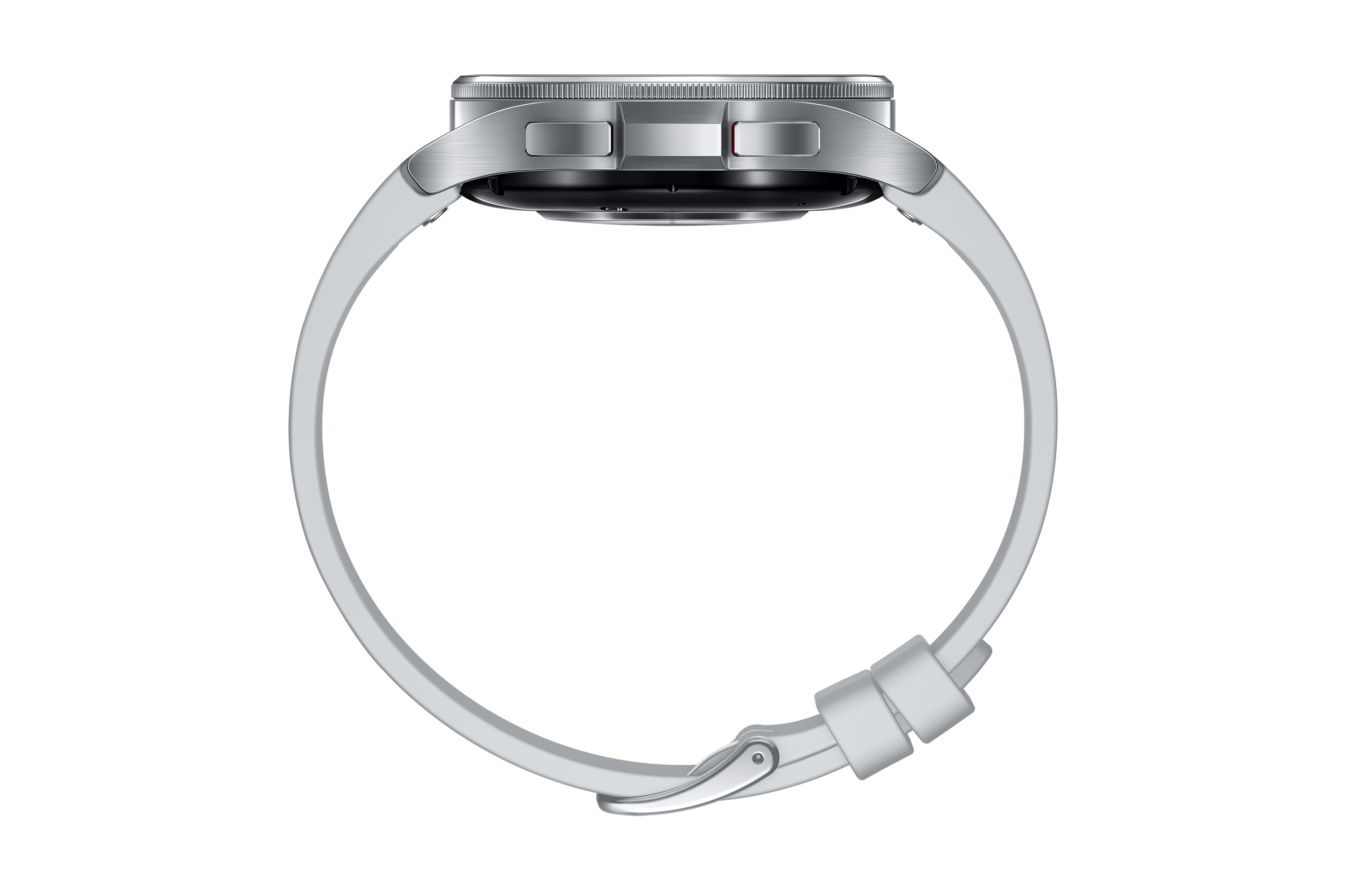 Smartwatch argentato con cinturino bianco. Vista laterale. Sfondo bianco.