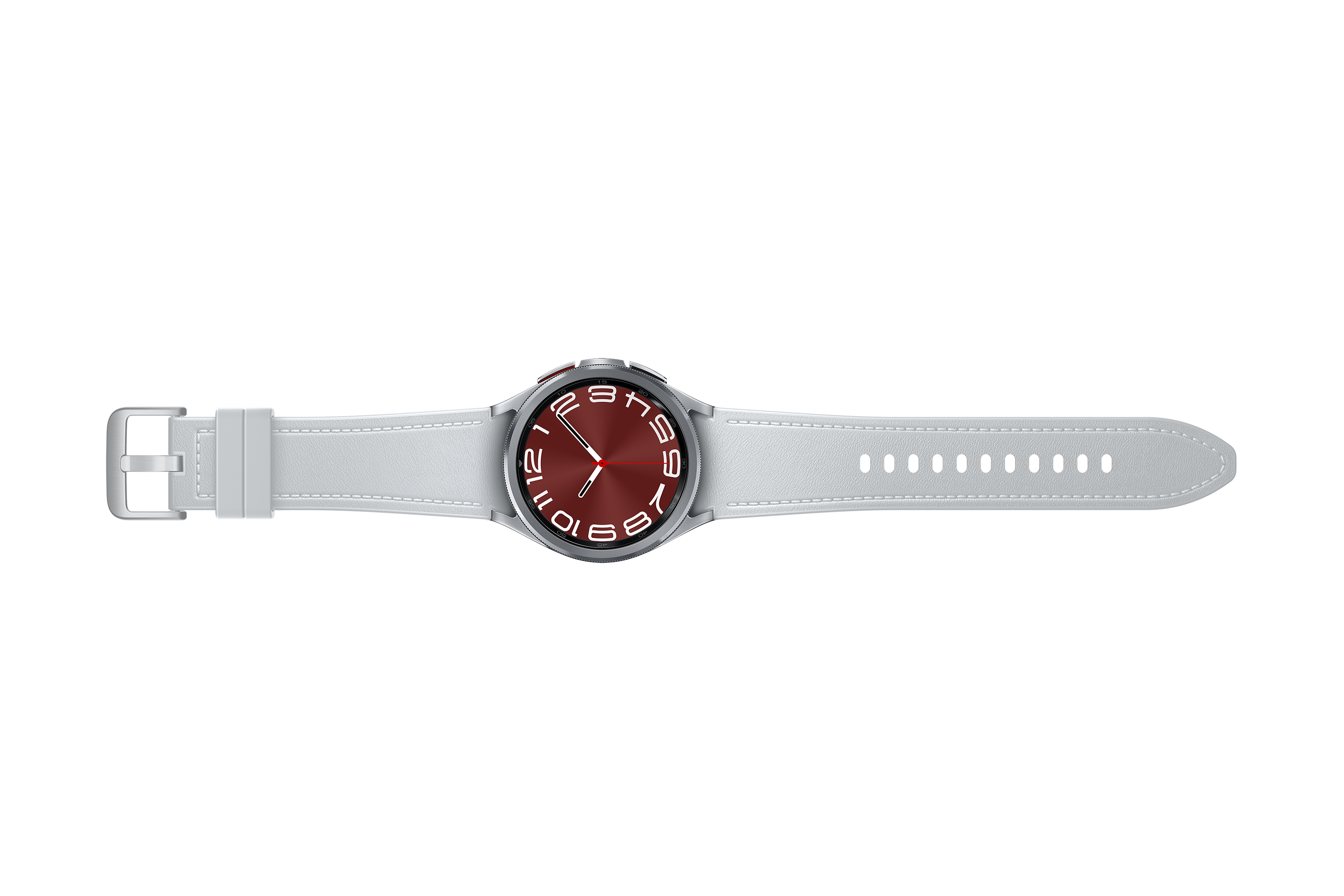 Smartwatch argentato con quadrante rosso e cinturino grigio chiaro su sfondo bianco.