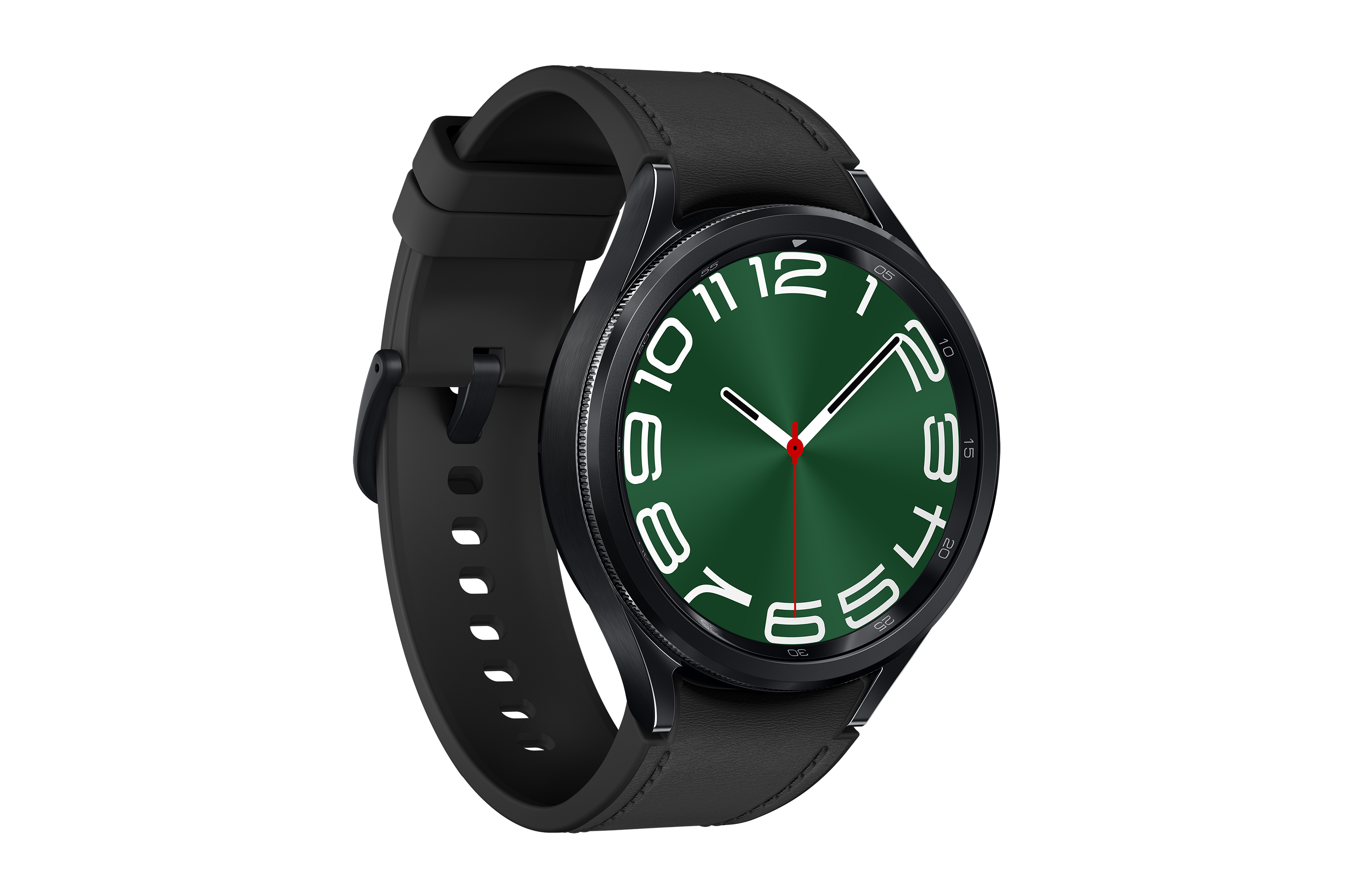Czarny smartwatch z zieloną tarczą i białymi cyframi. Zegarek ma czarny pasek i okrągłą tarczę.