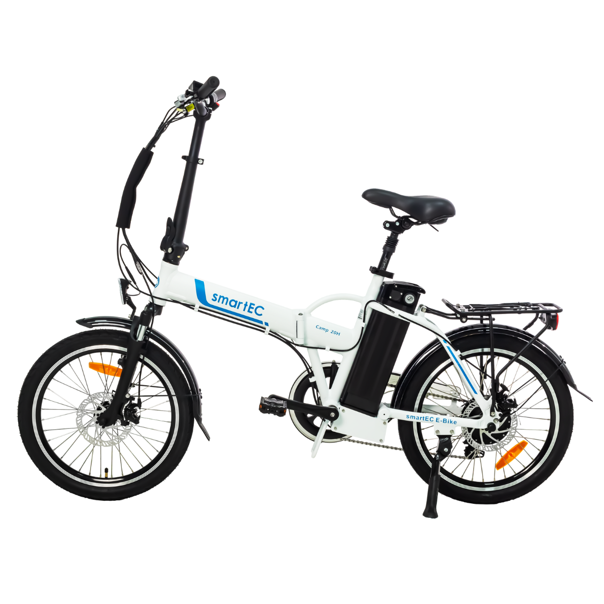 Weißes und schwarzes SmartEC E-Bike. Schwarze Reifen. Weißer Hintergrund.
