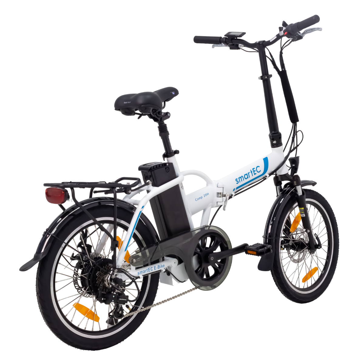 Weißes und schwarzes SmartEC Klapp-E-Bike. Das Fahrrad hat einen schwarzen Sitz und Reifen sowie einen weißen Rahmen.