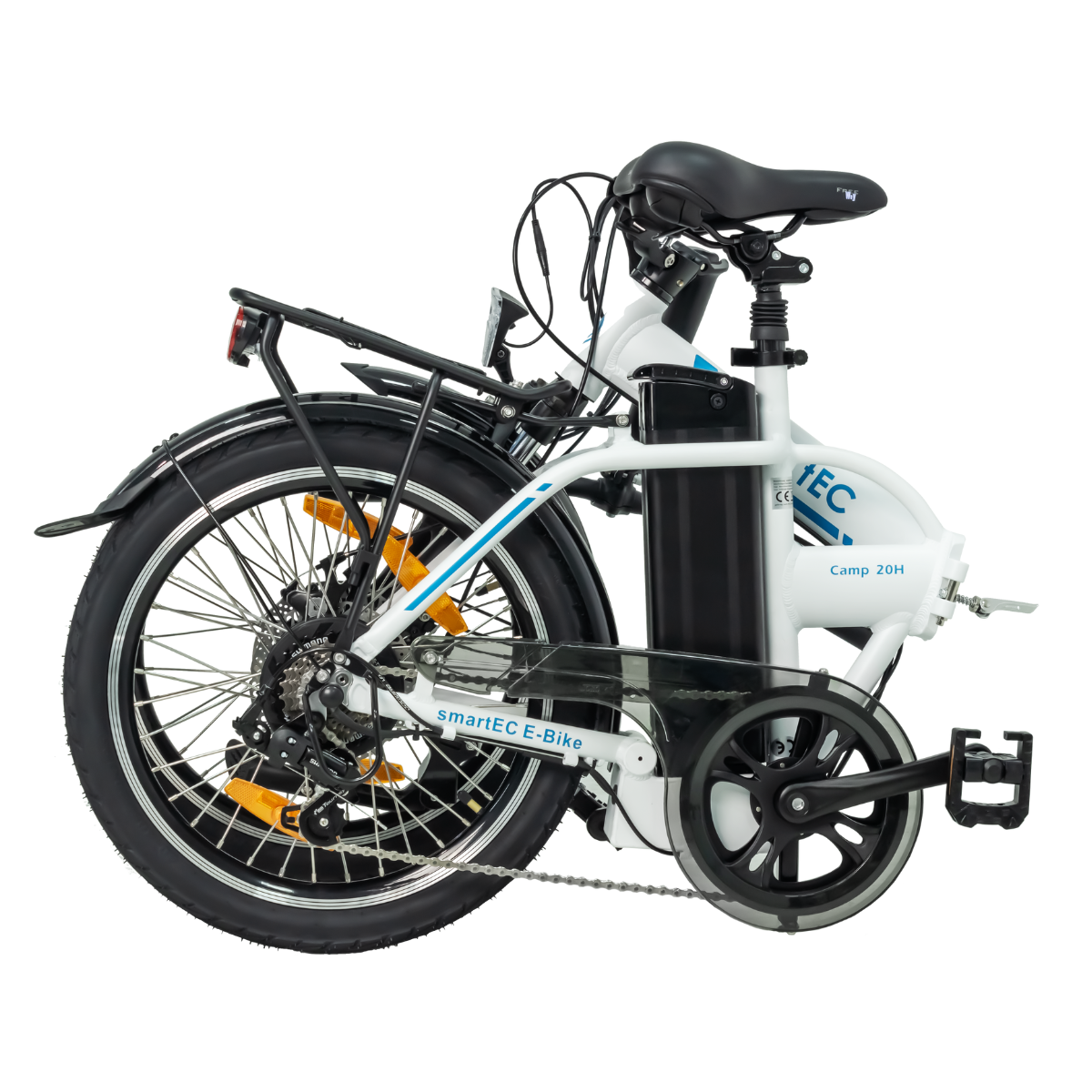 Weißes und schwarzes Klapp-E-Bike mit Akku und Heckträger.
