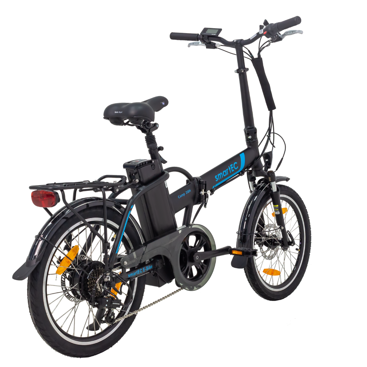 Schwarzes, klappbares Elektrofahrrad, Räder ausgefahren. Blaue Akzente und SmartEC-Logo.