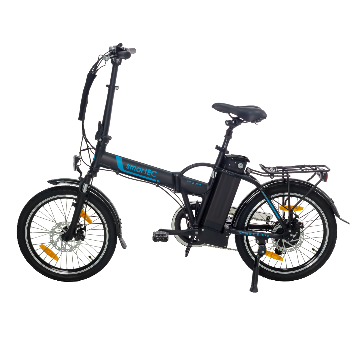 Schwarz-blaues Elektrofahrrad, isoliert auf weißem Hintergrund.