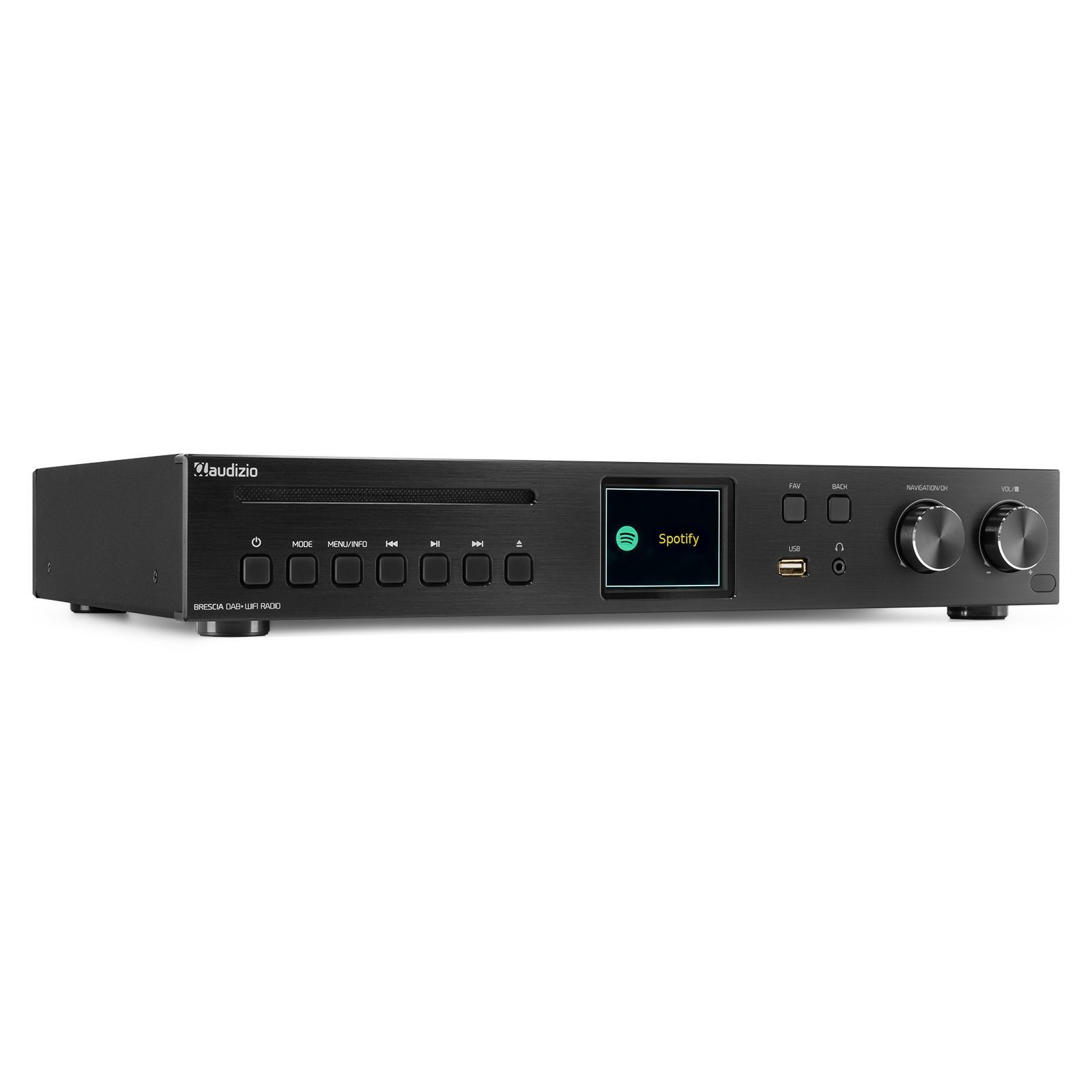Un receptor de audio negro con pantalla de Spotify y botones de control.