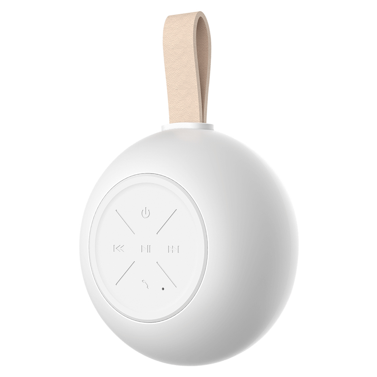Un altoparlante portatile sferico bianco con cinturino beige e pannello di controllo.