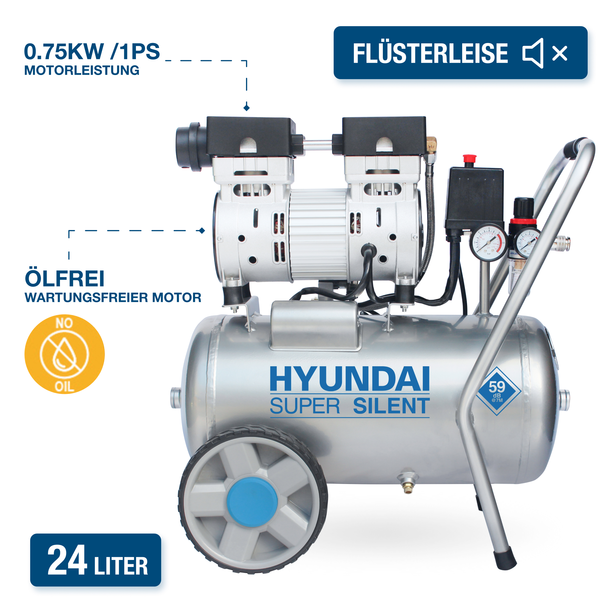 Hyundai Super Silent Luftkompressor. Silberner Tank mit Messgeräten und Rädern.