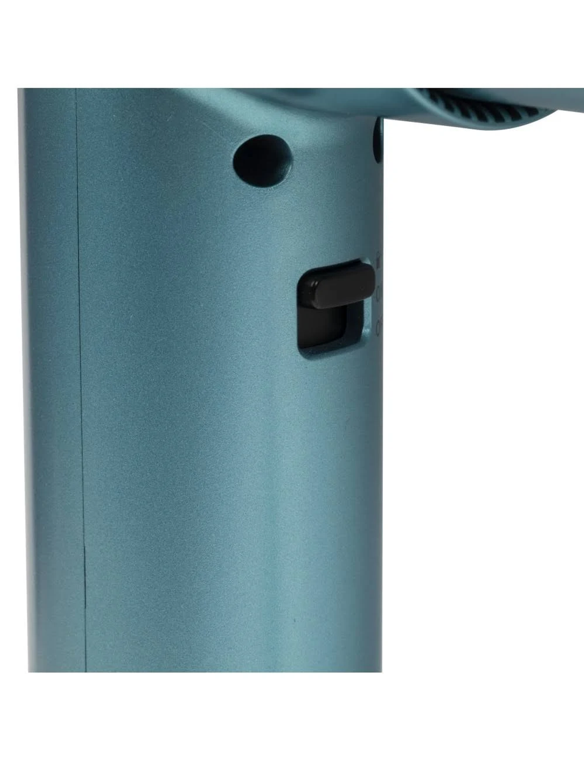 Zbliżenie turkusowej suszarki do włosów z czarnym przyciskiem.