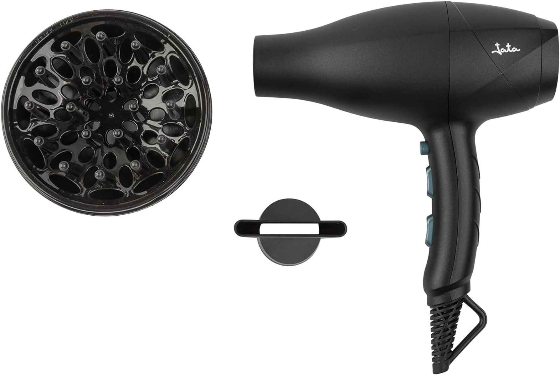 Czarna suszarka do włosów z akcesoriami. Zawiera dyfuzor, dyszę i uchwyt. Wszystko na białym tle.