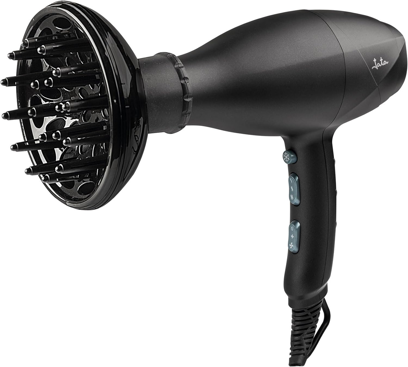 Czarna suszarka do włosów z nasadką dyfuzora na końcu, na białym tle.