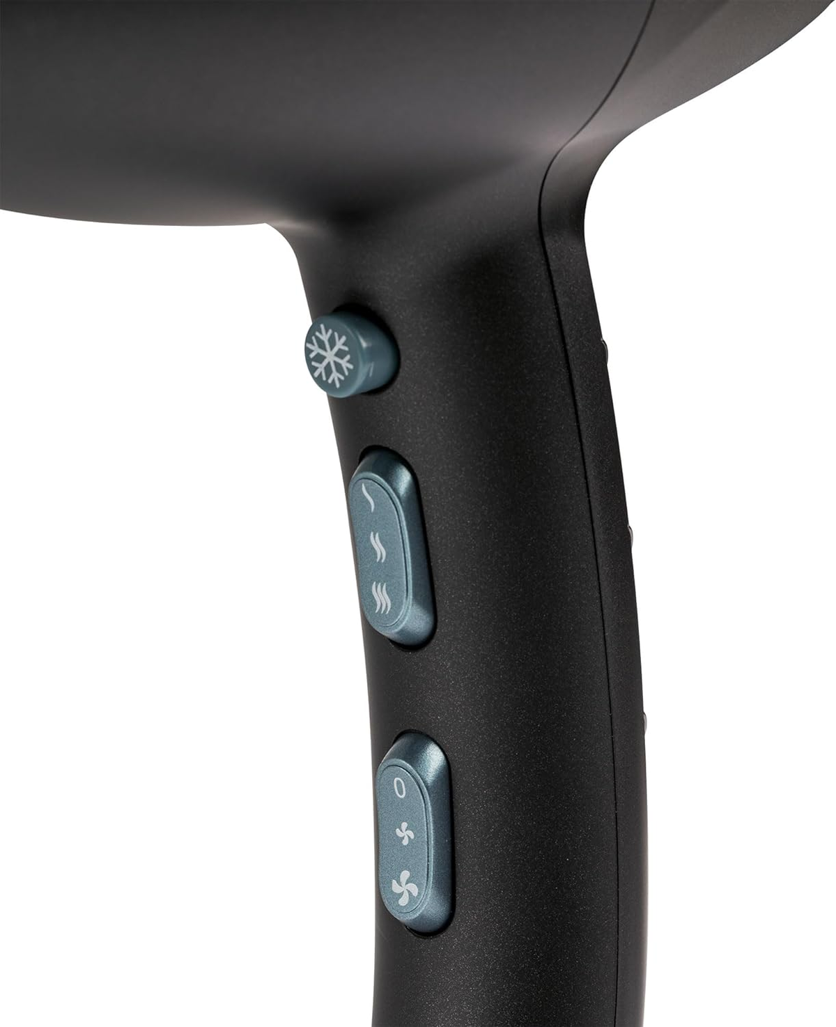 Zbliżenie czarnej suszarki do włosów z przyciskami do różnych ustawień ciepła i wentylatora.