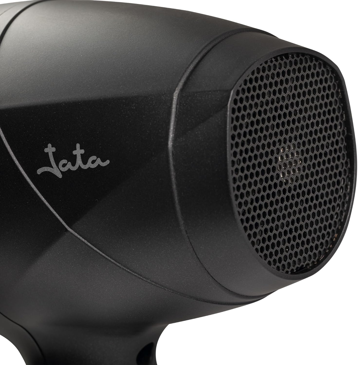 Czarna suszarka do włosów z siatkową kratką i napisem "Jata" z boku.