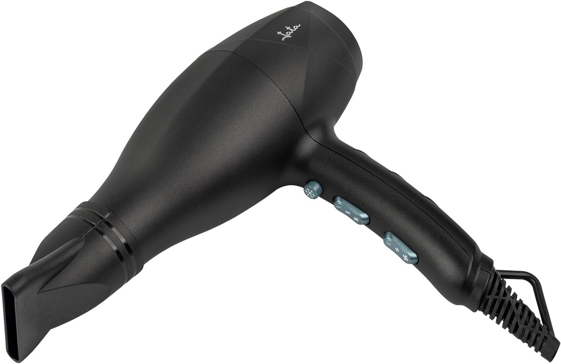 Czarna suszarka do włosów z przyciskami i dyszą, leżąca na białym tle.