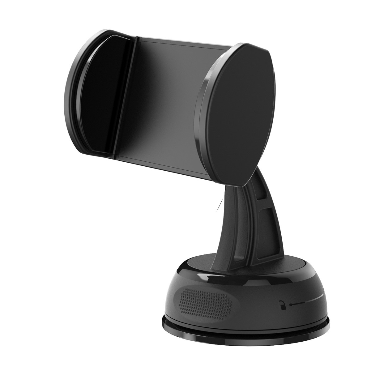 Soporte negro para teléfono de coche, con base de ventosa y brazo ajustable. Diseño simple.