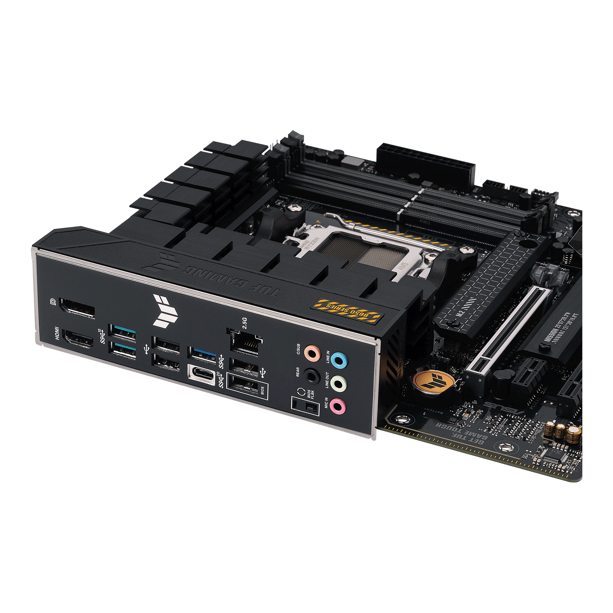 Motherboard with black and yellow accents, numerous ports visible.
