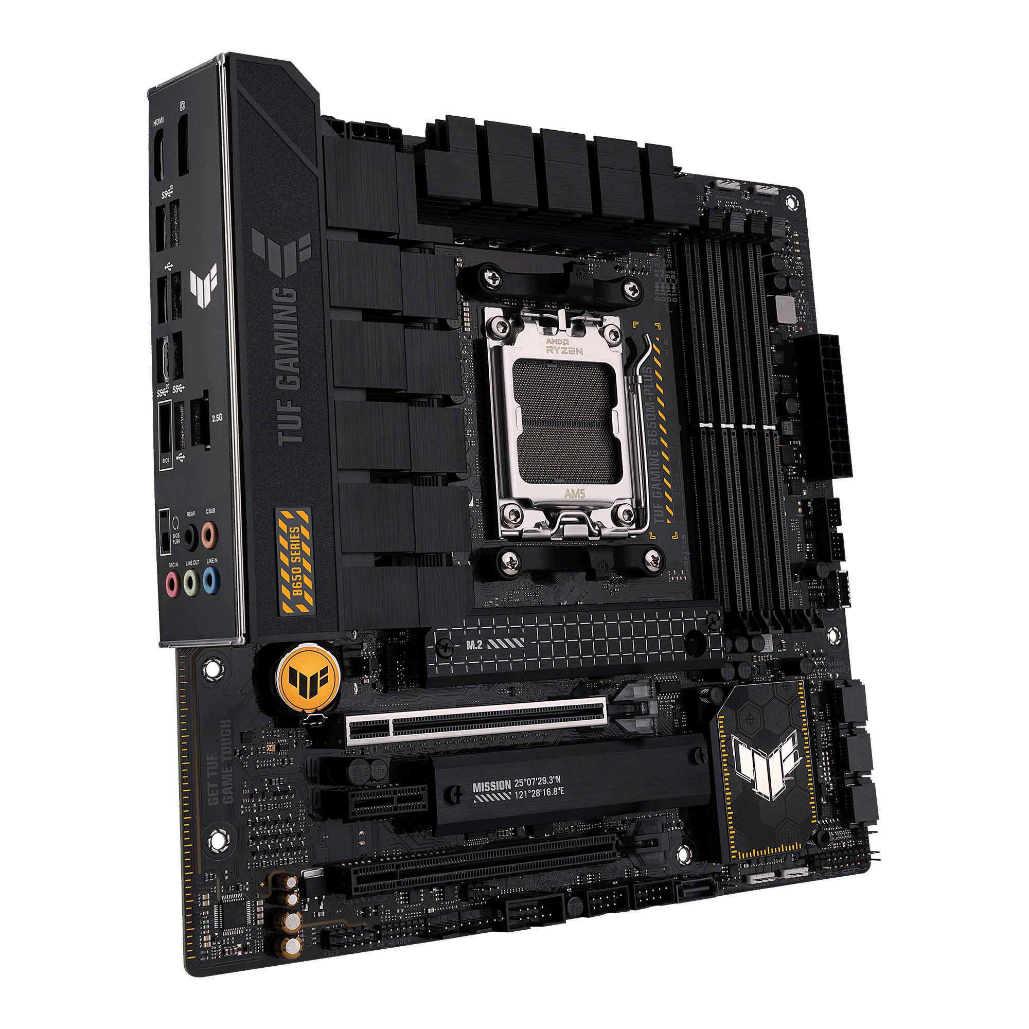 Black motherboard with TUF GAMING logo and yellow accents, angled view.