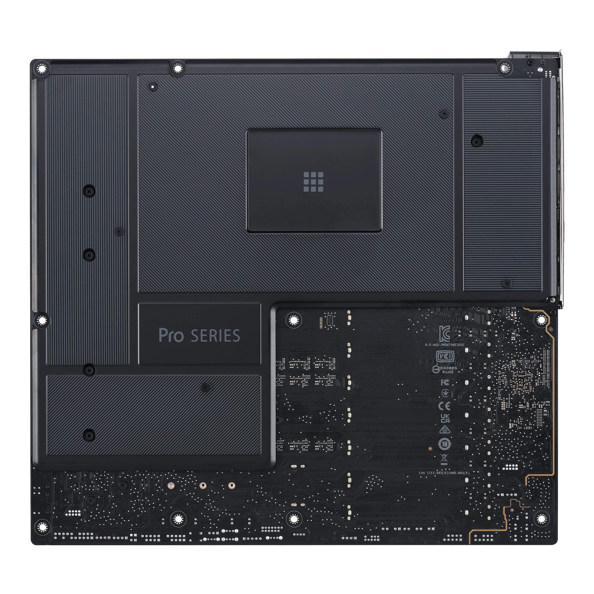 Czarna płyta główna z różnymi komponentami i tekstem 'Pro Series'.