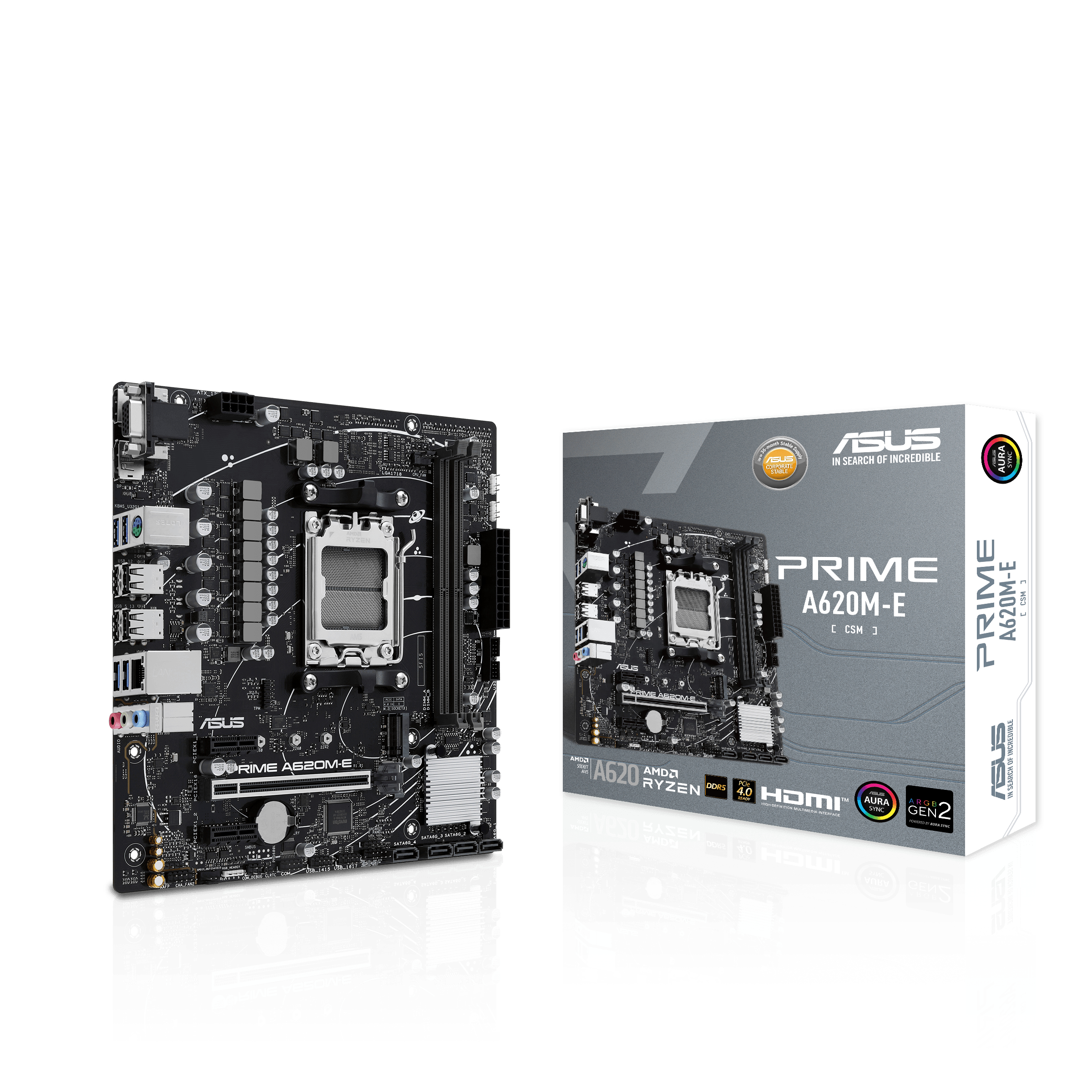Moederbord en doos op wit. Doos zegt 'PRIME A620M-E', ASUS.