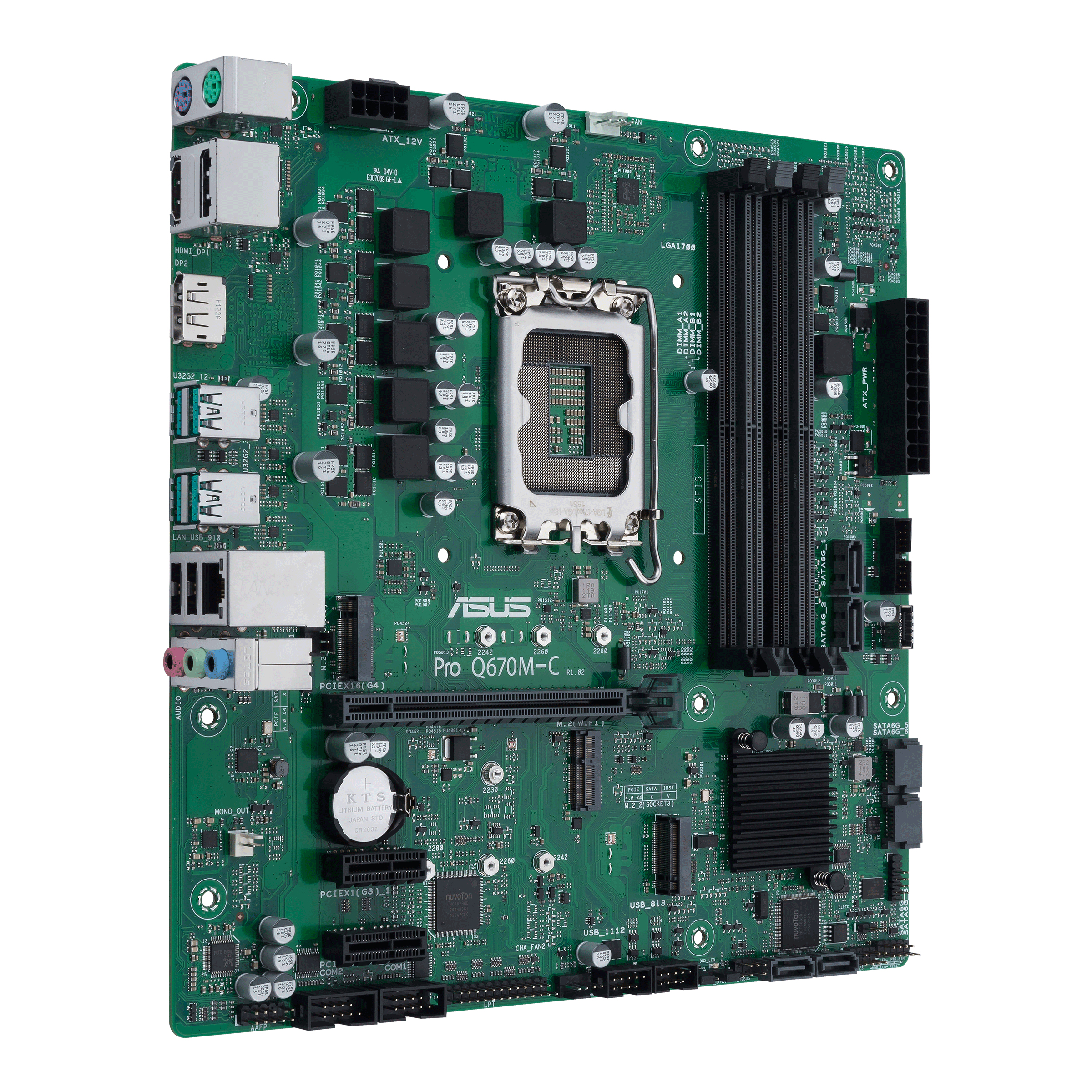 Scheda madre verde con vari componenti, tra cui porte, slot e logo ASUS. Dettagli: condensatori e chip.