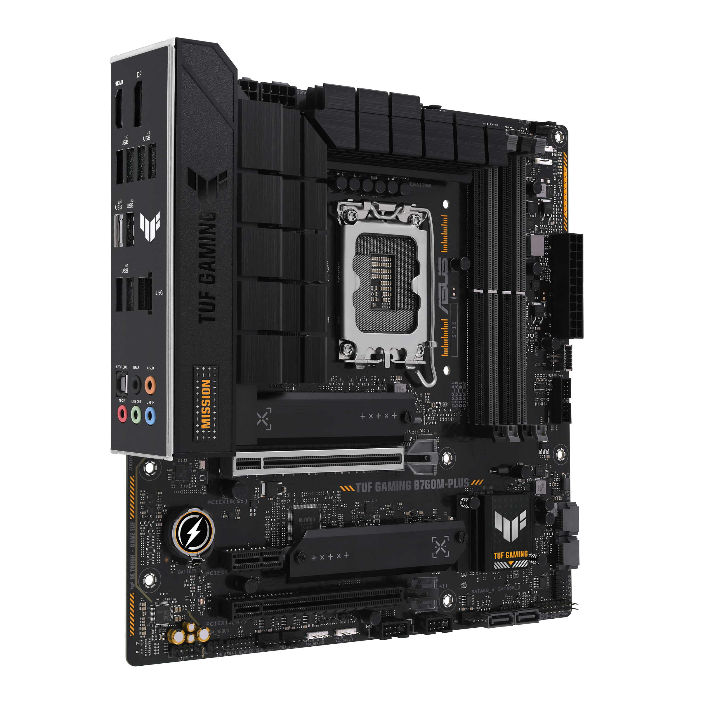 Zwart en geel TUF Gaming B760M-PLUS moederbord met meerdere poorten en slots. De achtergrond is wit.