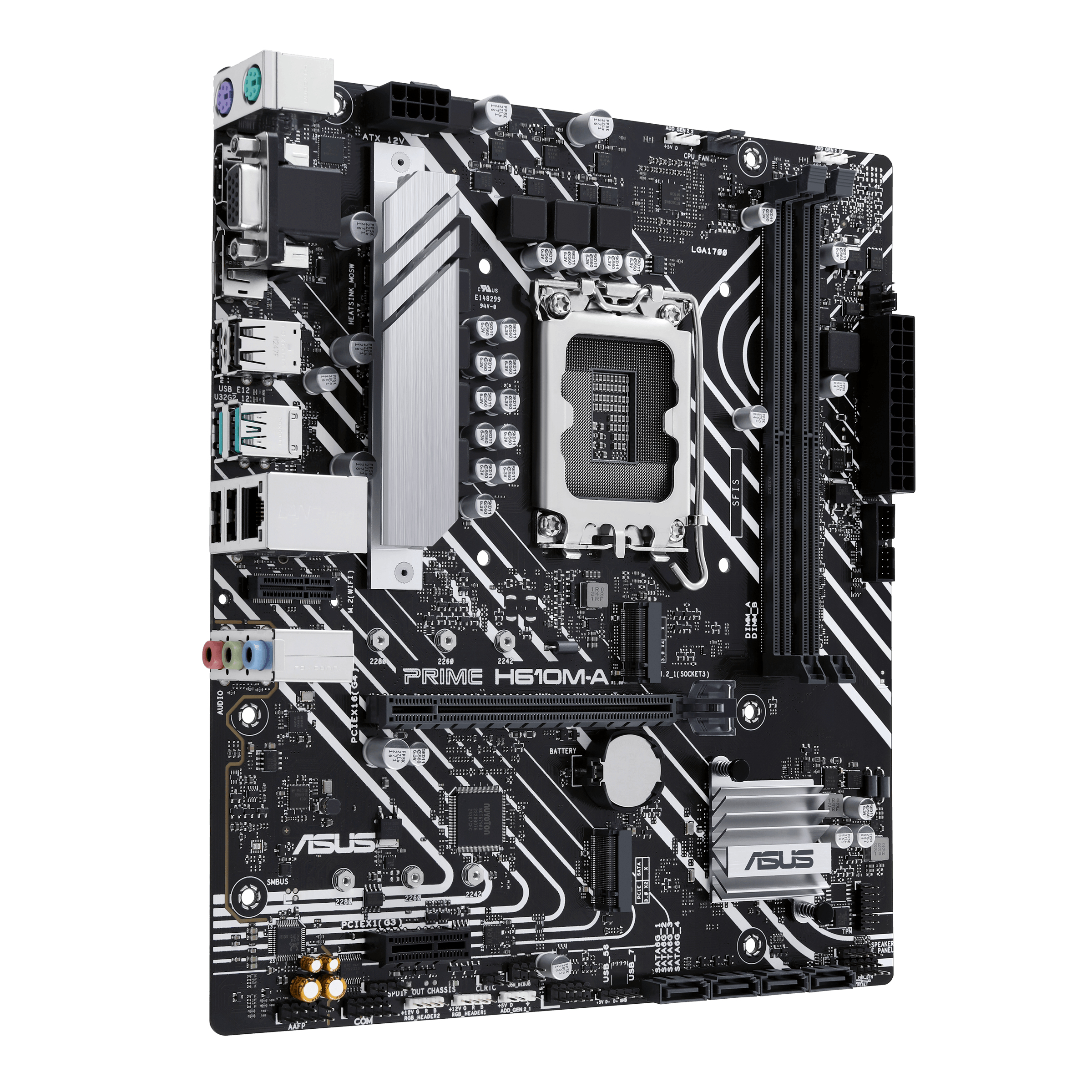A black ASUS Prime H610M-A motherboard. It features various ports, slots, and a CPU socket.