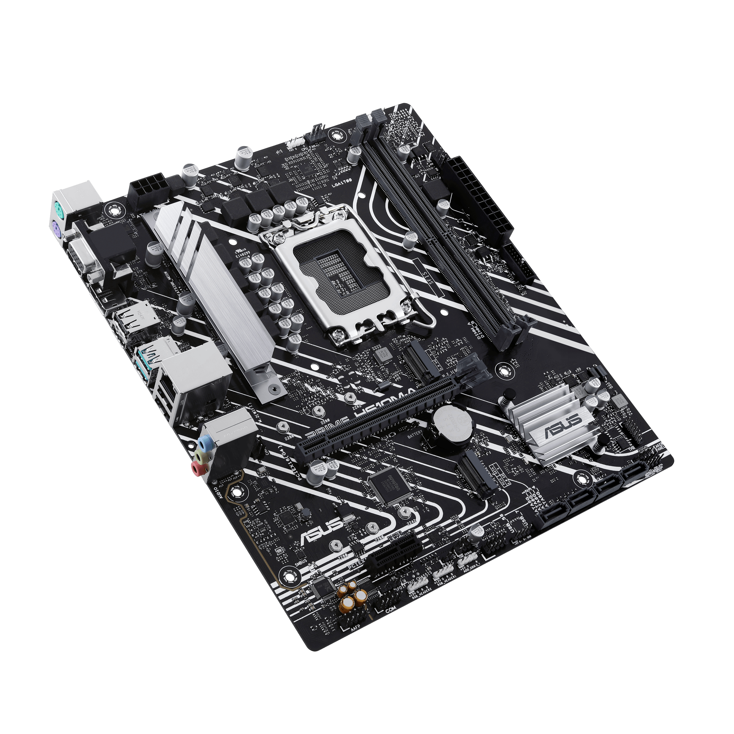 Black motherboard with various components and ports. The ASUS logo is visible.