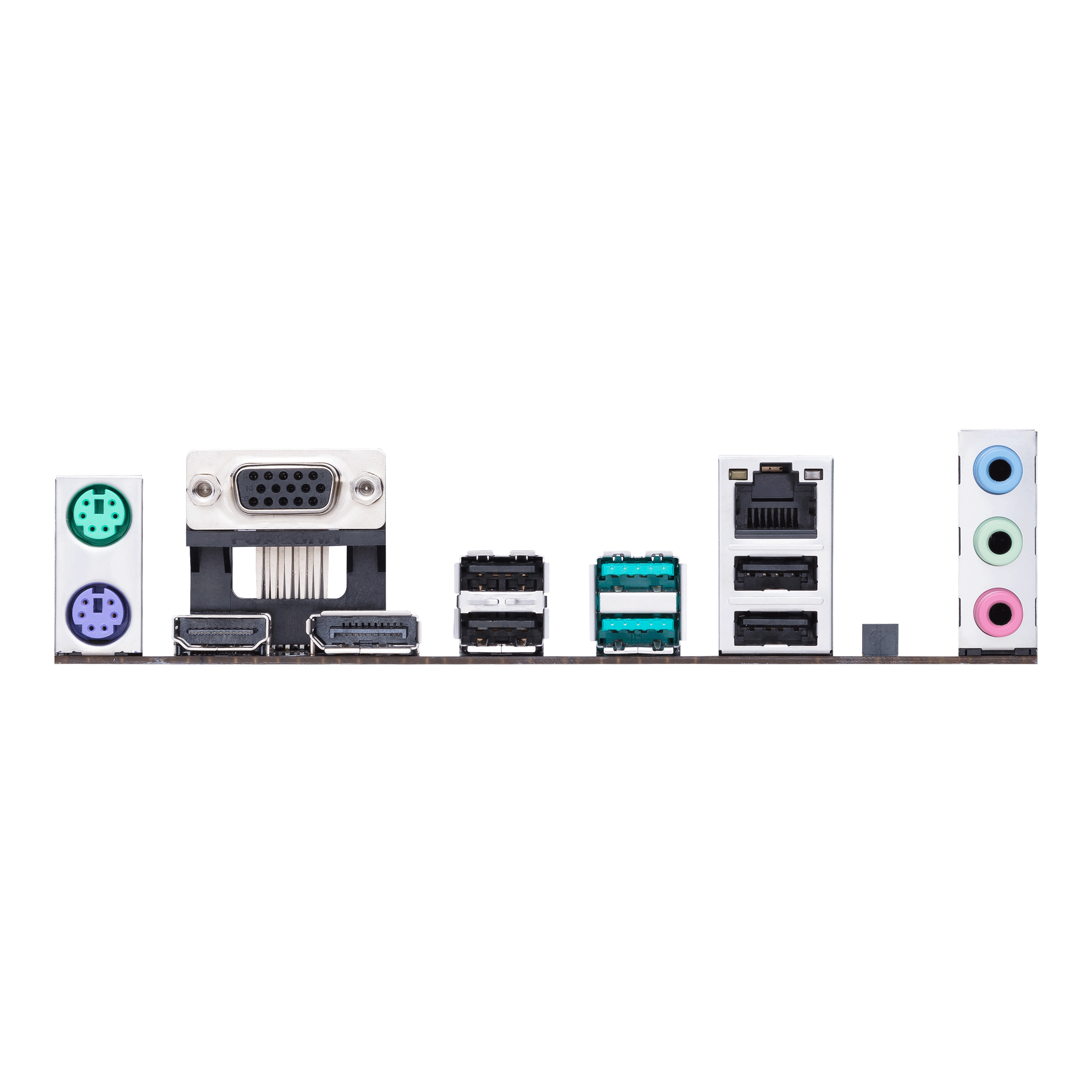 A computer motherboard showing ports and connectors, with a white background.