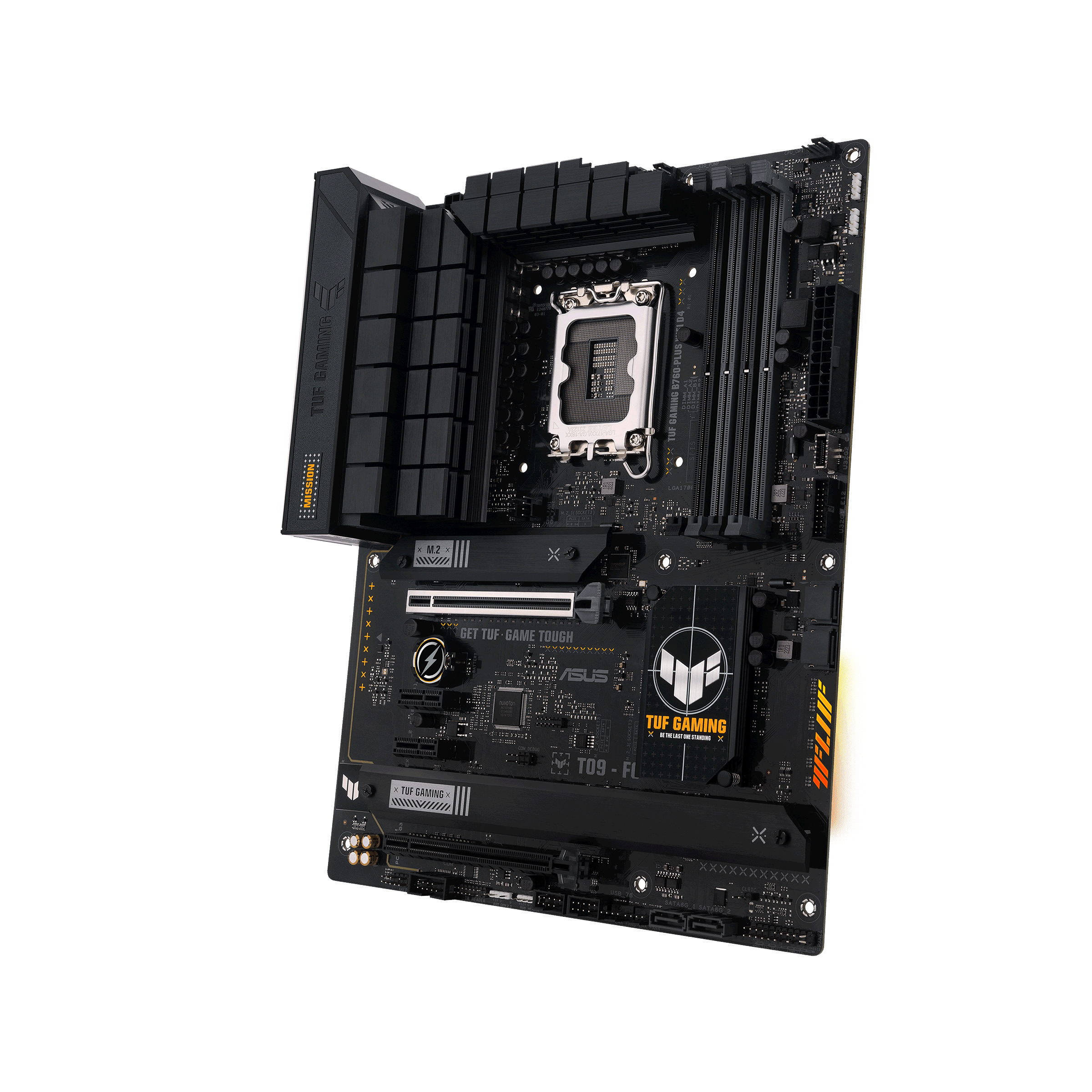 Scheda madre nera e oro. Ha molti connettori e un socket CPU.
