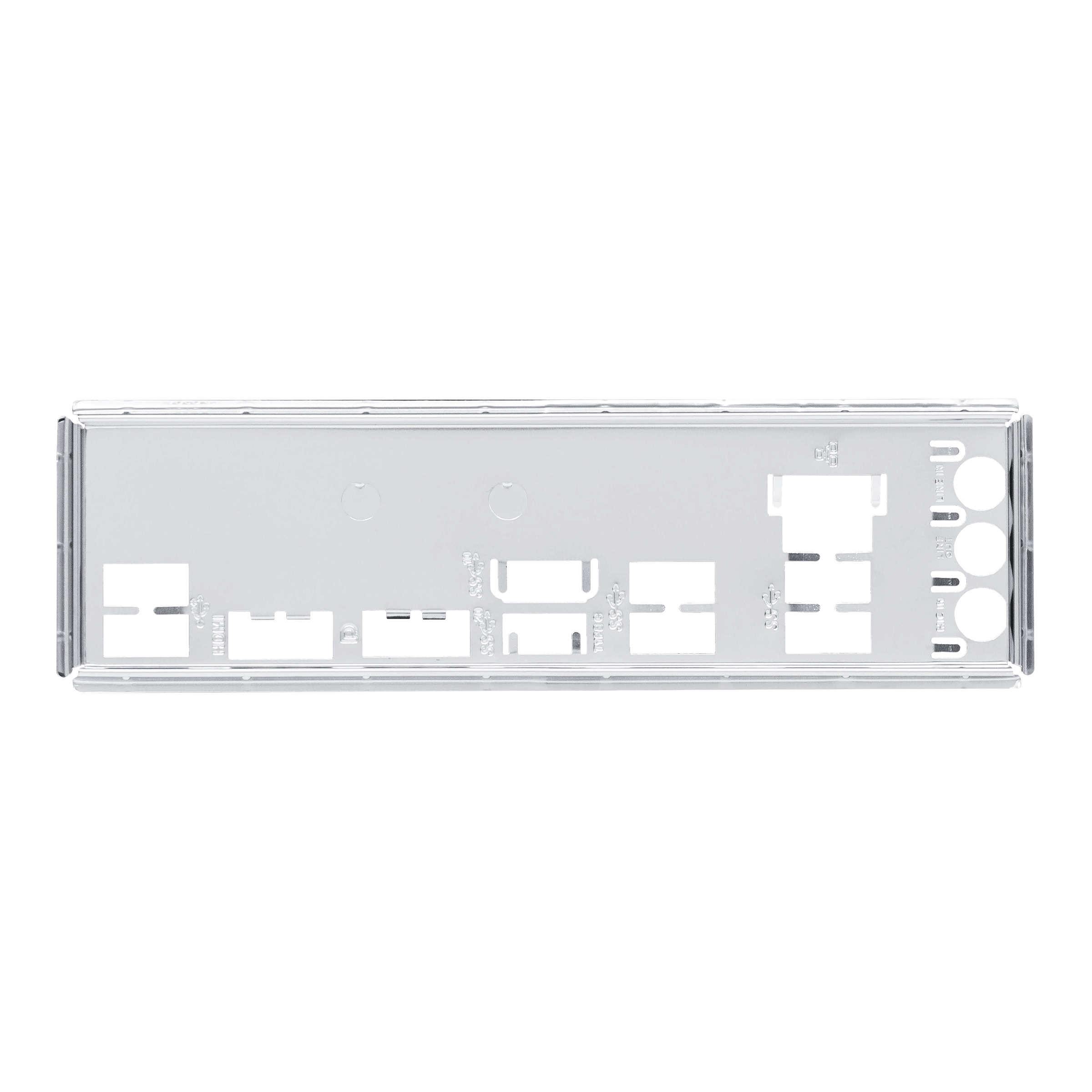 Tylny panel komputera z różnymi portami i złączami. Srebrny kolor.