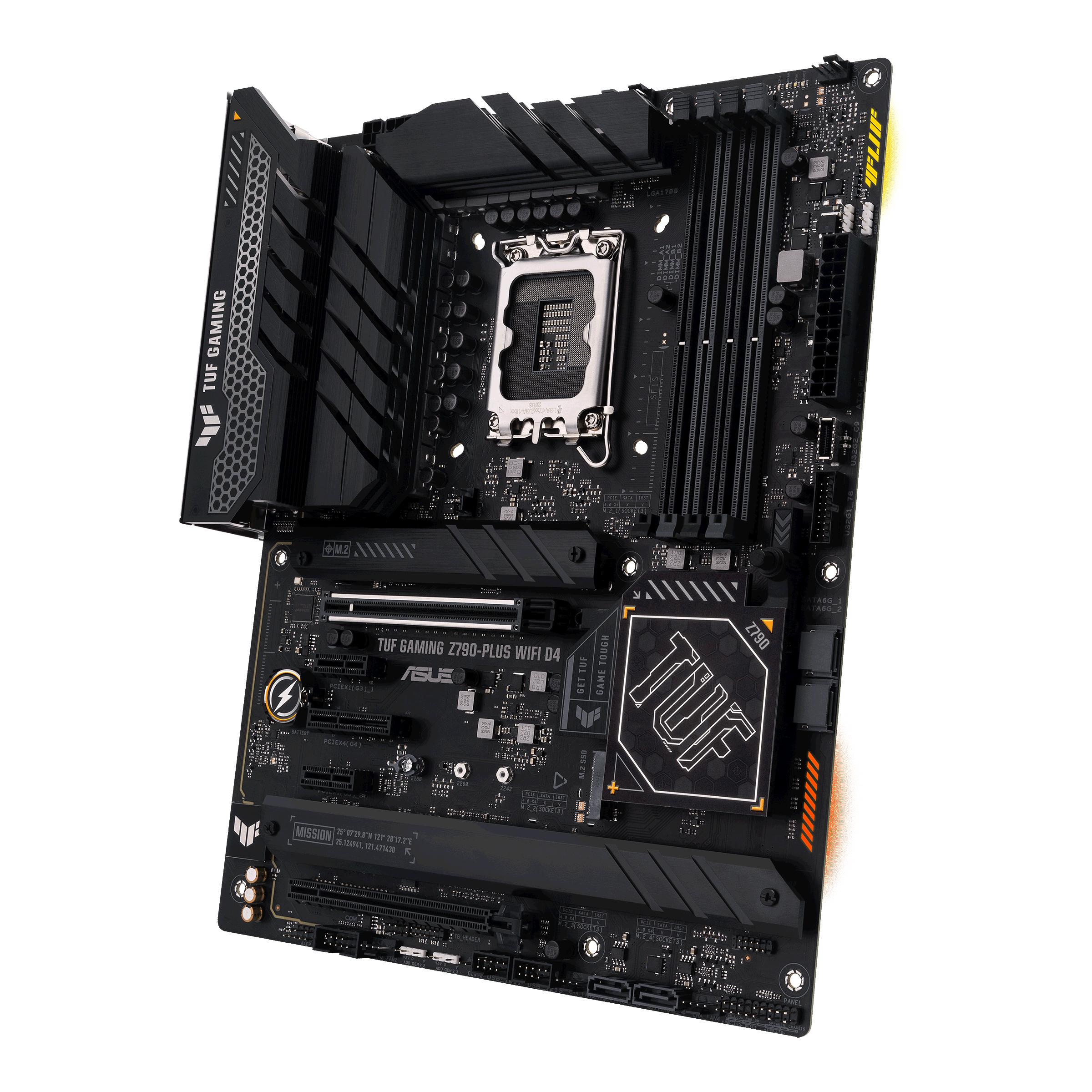 Una scheda madre ASUS TUF Gaming nera. Ha molti componenti e connettori.