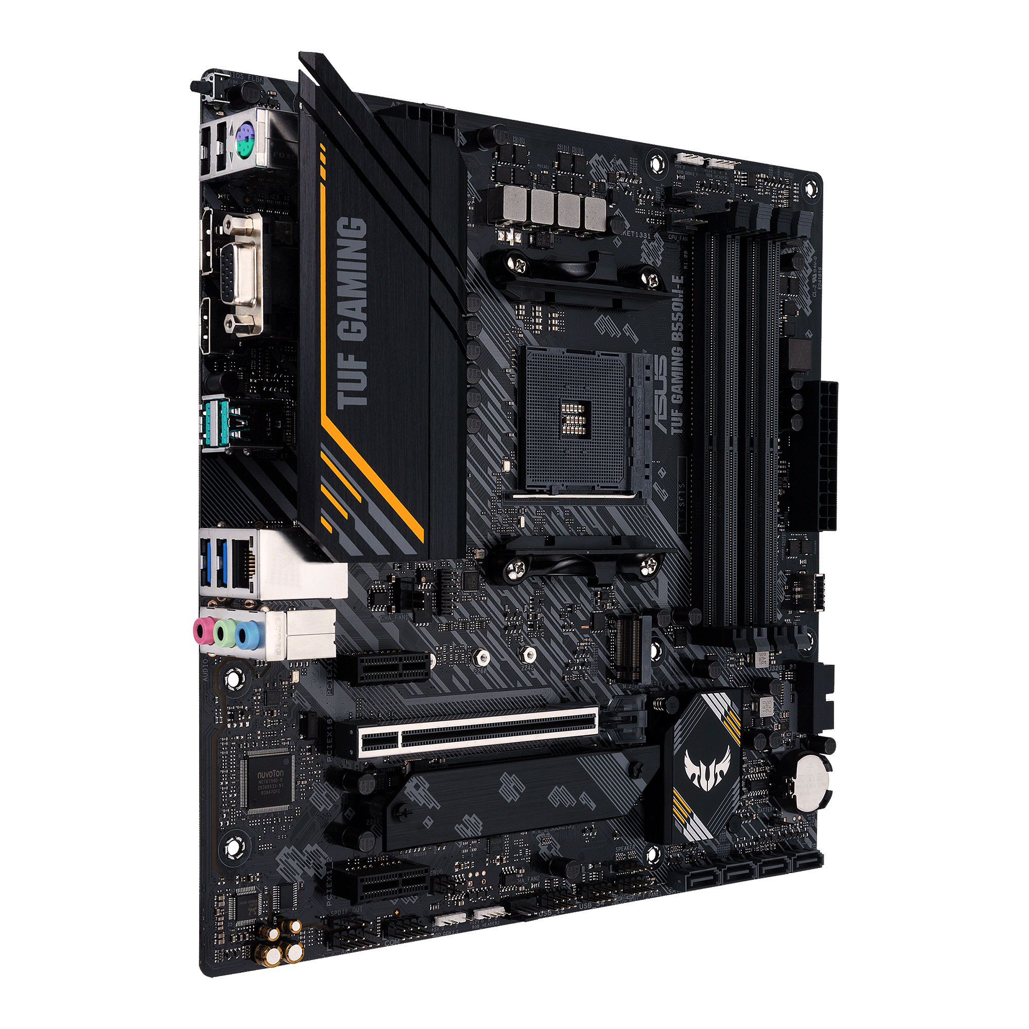 Una scheda madre ASUS TUF GAMING B550I-E nera e grigia con accenti gialli, varie porte e componenti visibili.